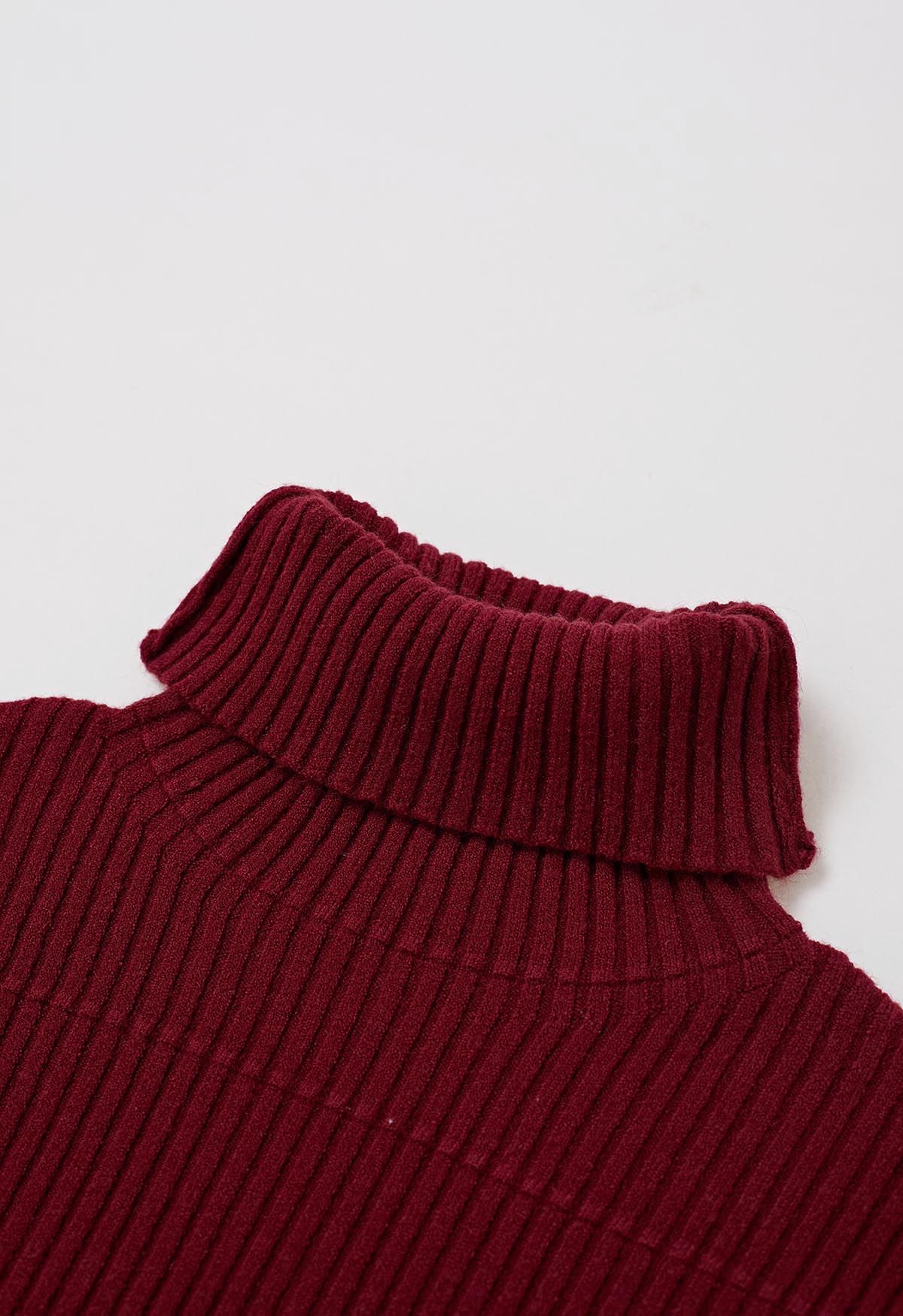 Softness Turtleneck Ribbed Texture Knit Top in Burgundy