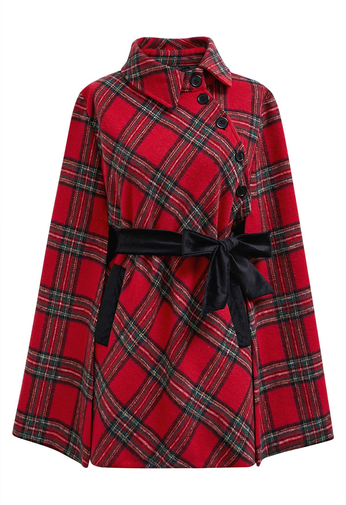 Button Wrap Tie Sash Tartan Cape Coat in Red