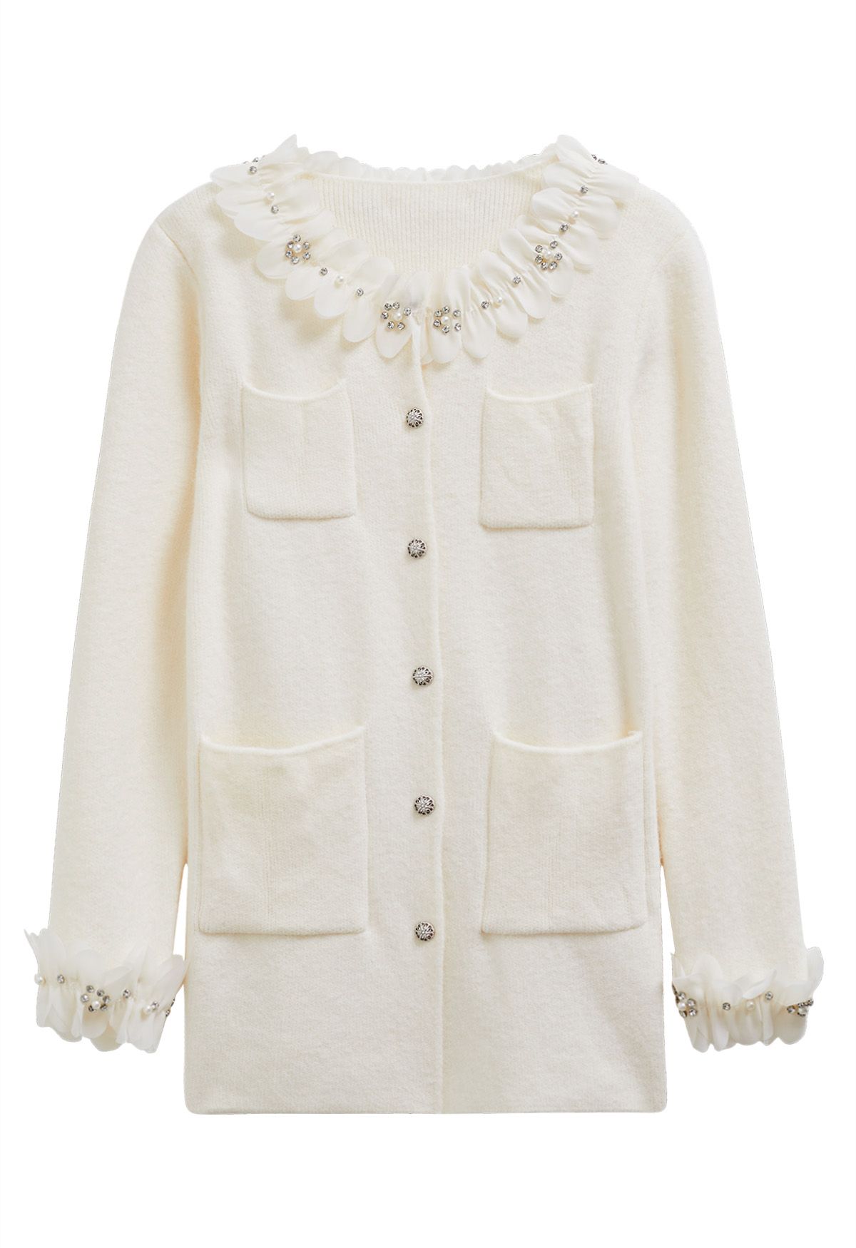 3D Petal Neckline Patch Pocket Knit Cardigan in Cream