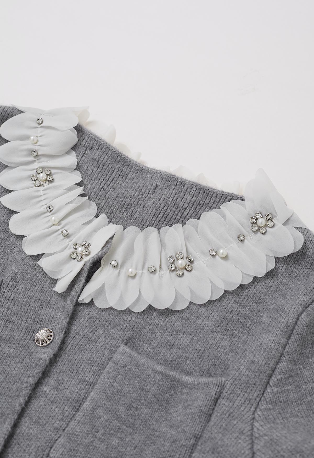 3D Petal Neckline Patch Pocket Knit Cardigan in Grey