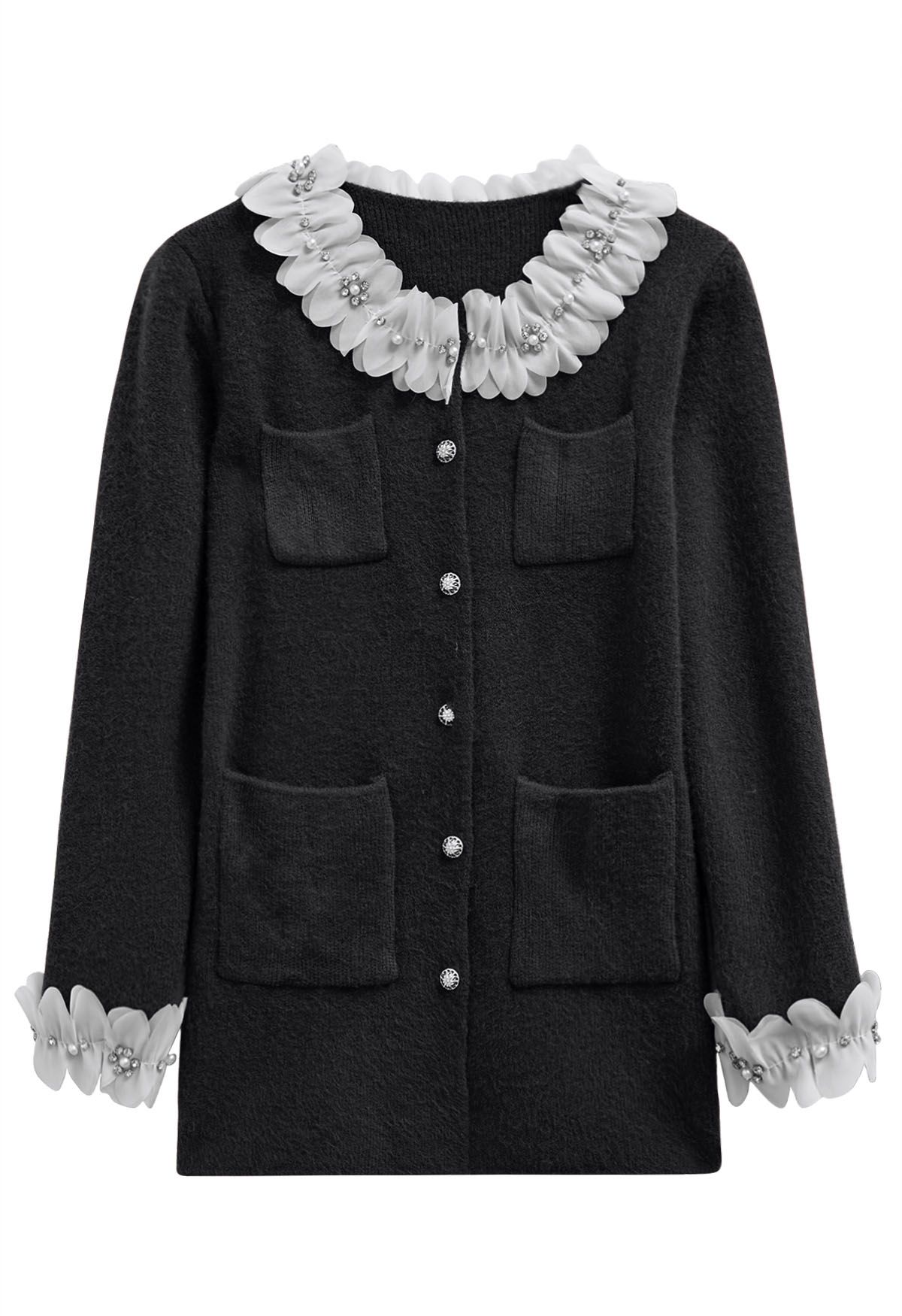 3D Petal Neckline Patch Pocket Knit Cardigan in Black