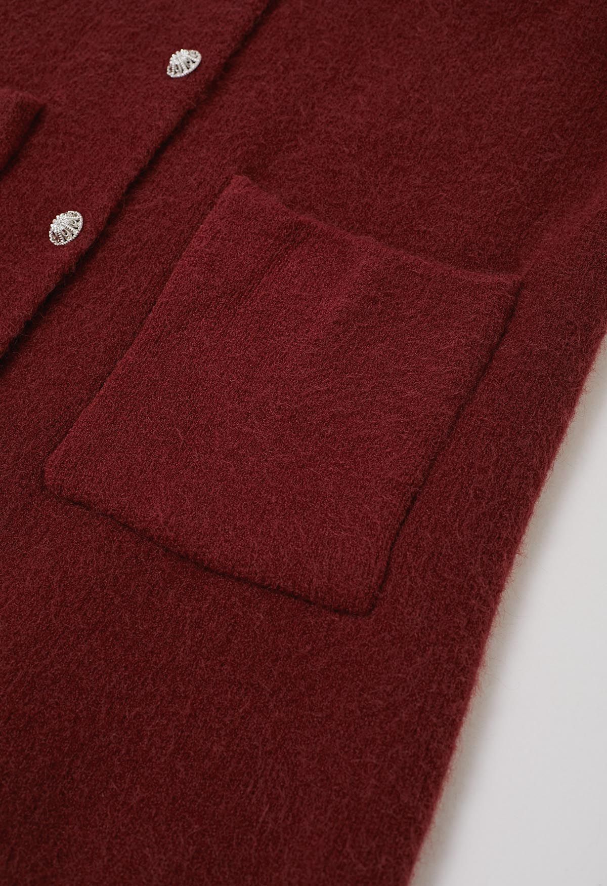 3D Petal Neckline Patch Pocket Knit Cardigan in Burgundy