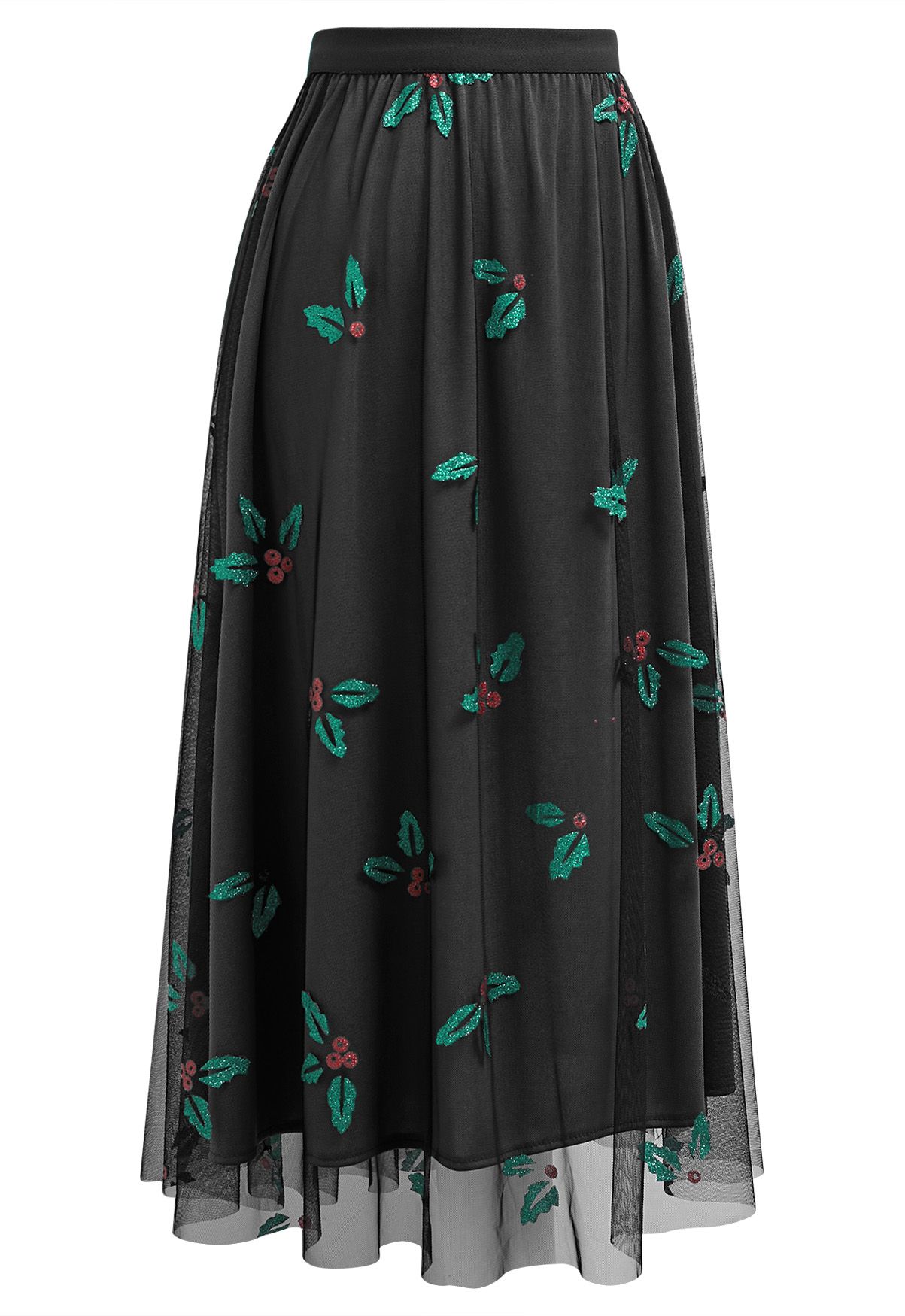 Joyful Holly Mesh Tulle Midi Skirt in Black