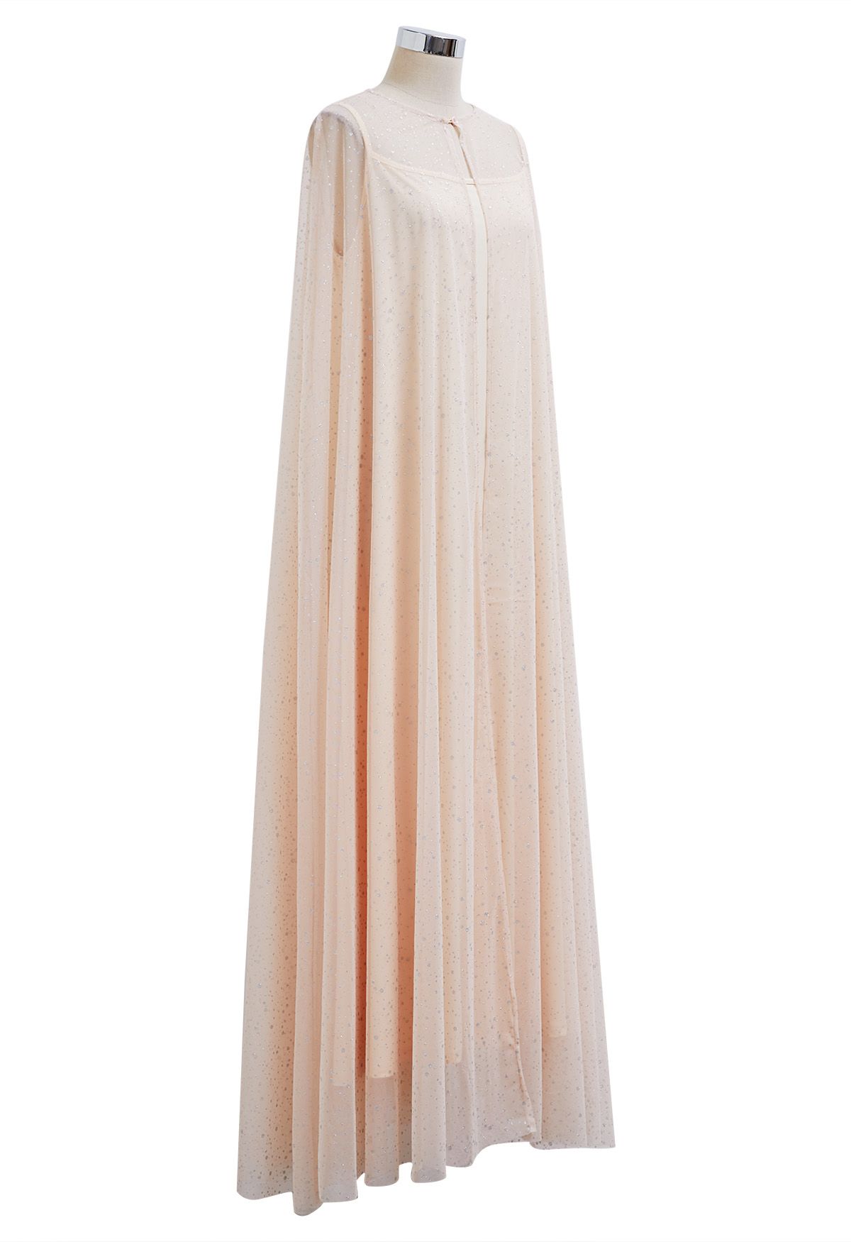 Glittery Mesh Maxi Cape Dress in Apricot