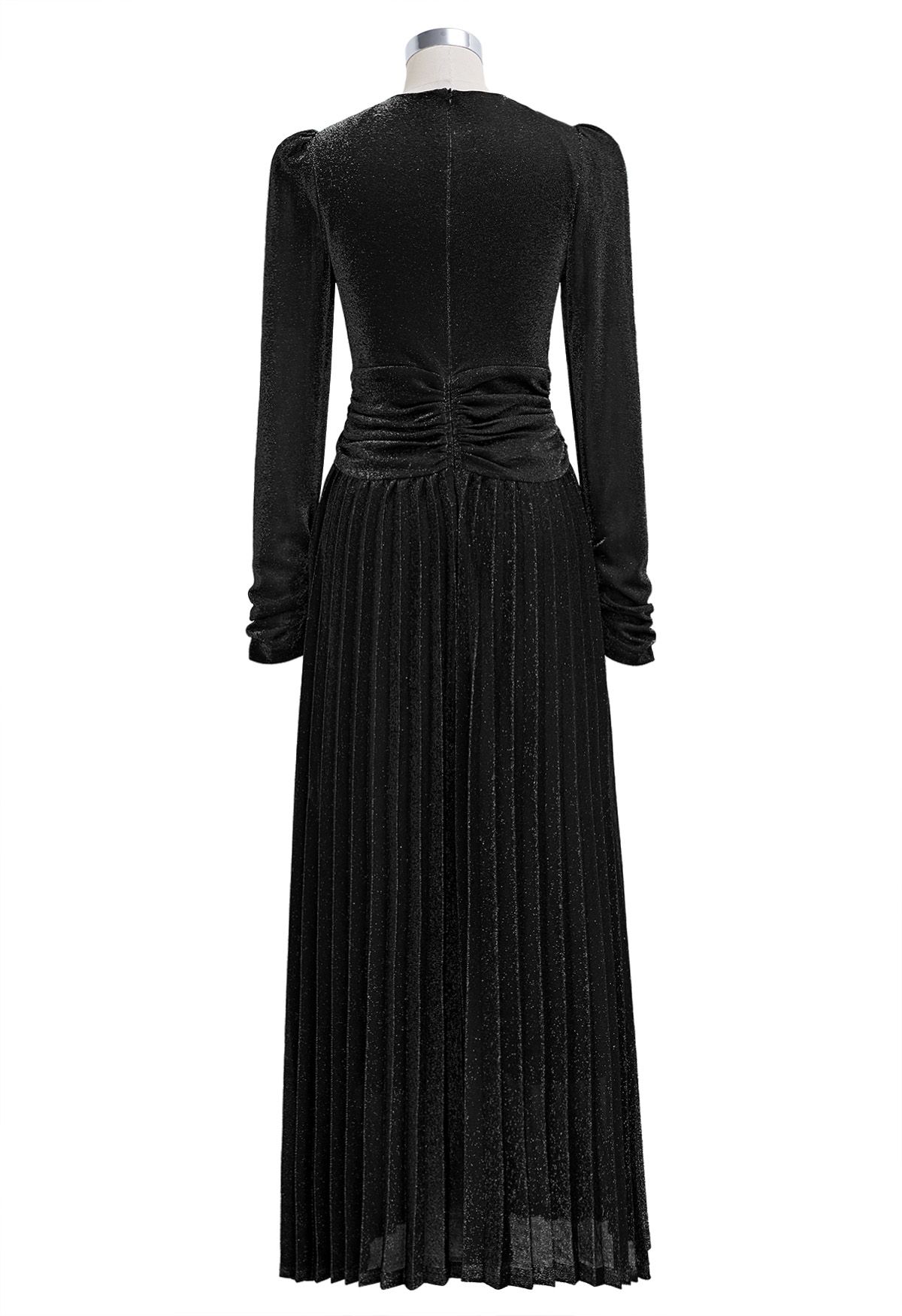 Glistening Twisted Front Pleated Maxi Dress in Black