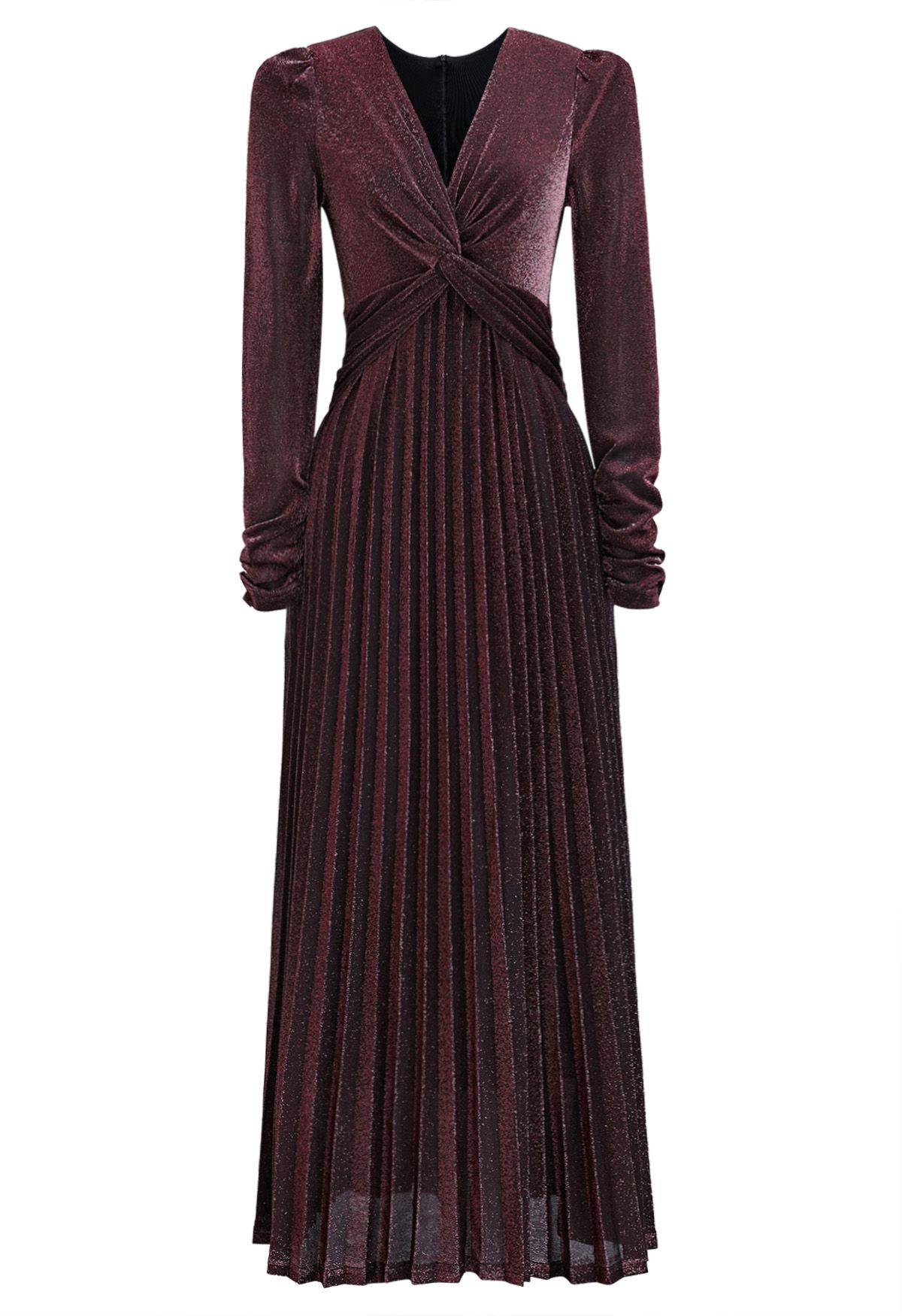 Glistening Twisted Front Pleated Maxi Dress in Burgundy