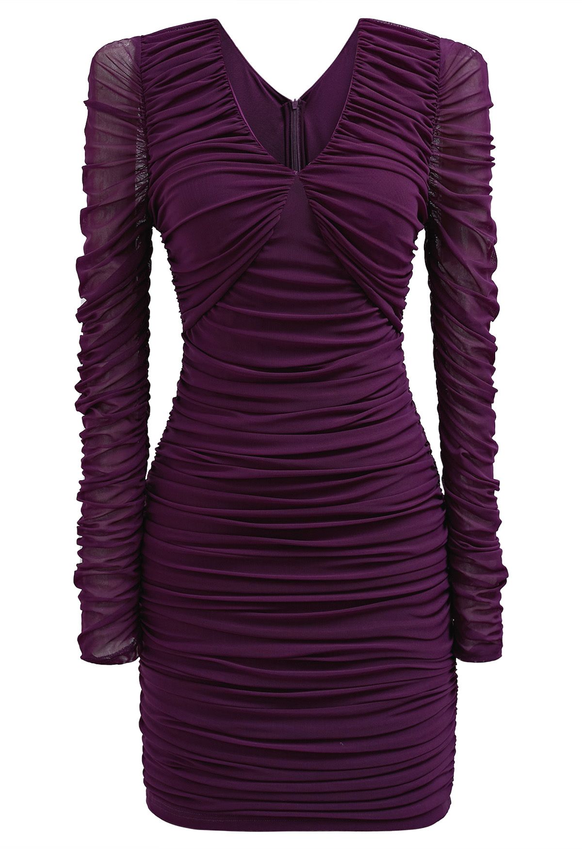 Illusion Plum Ruched Sheer Sleeve Mini Dress