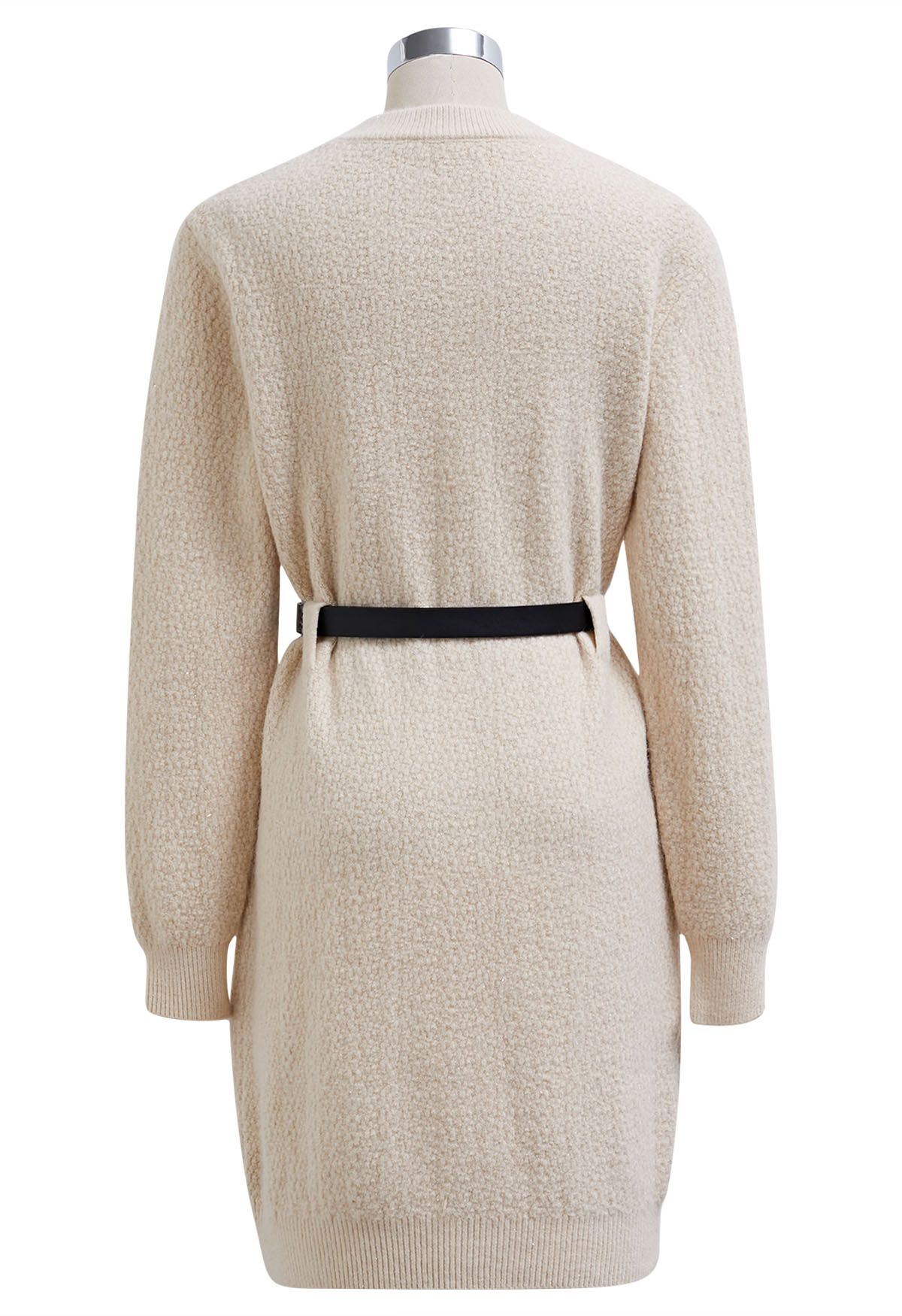 Patch Pocket Belted Mini Sweater Dress in Ivory