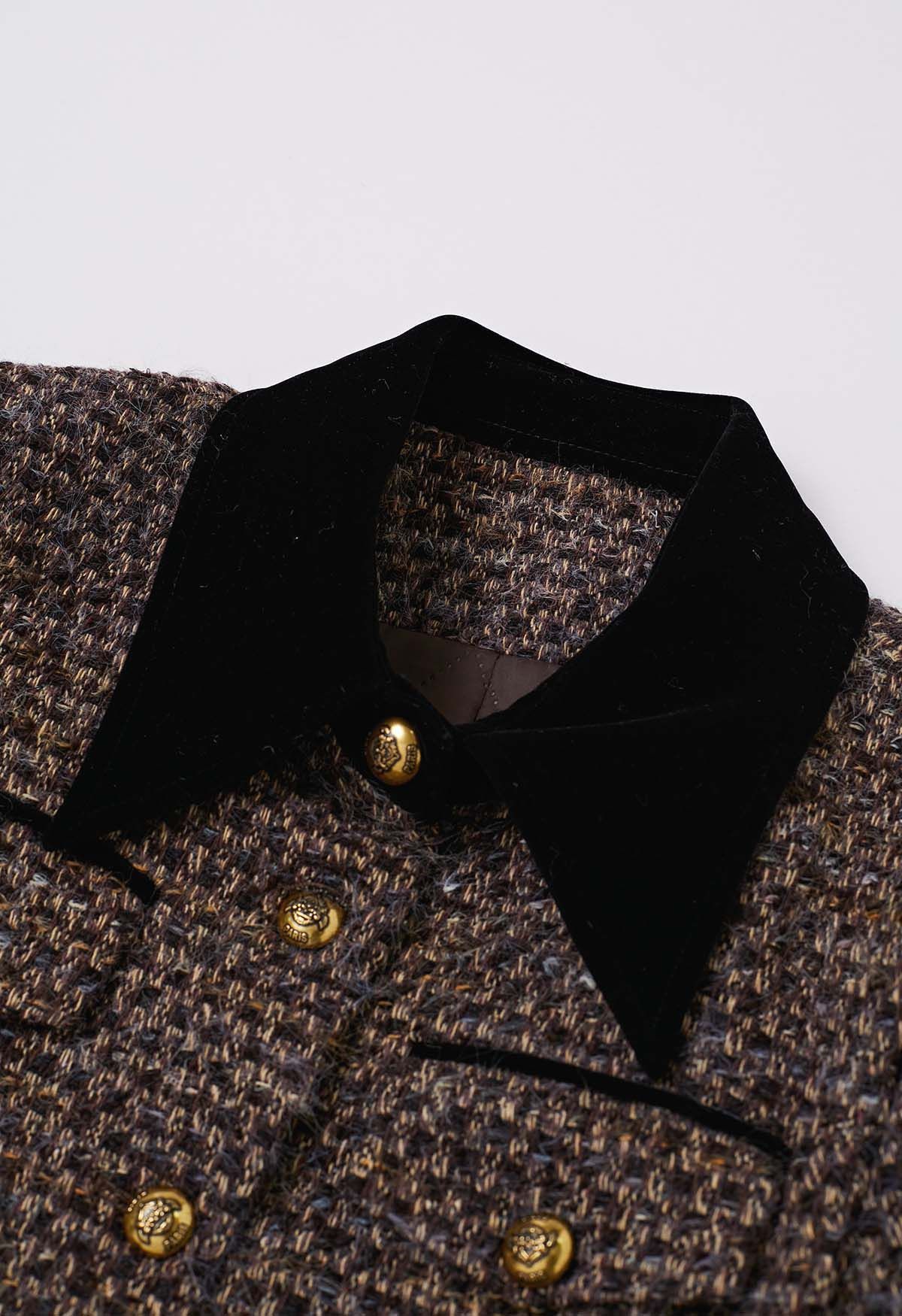 Fuzzy Velvet Spliced Tweed Buttoned Blazer Dress in Brown