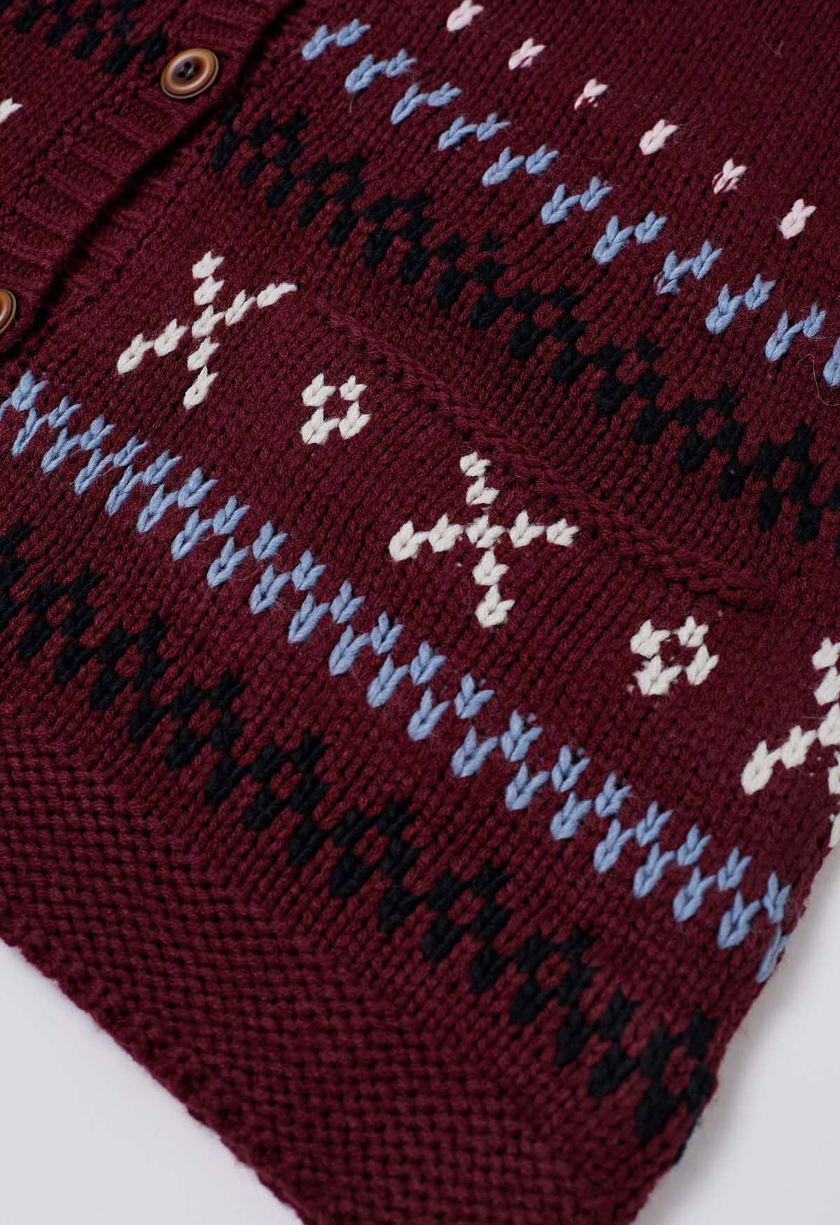 Cozy Fair Isle Button Down Knit Cardigan in Burgundy