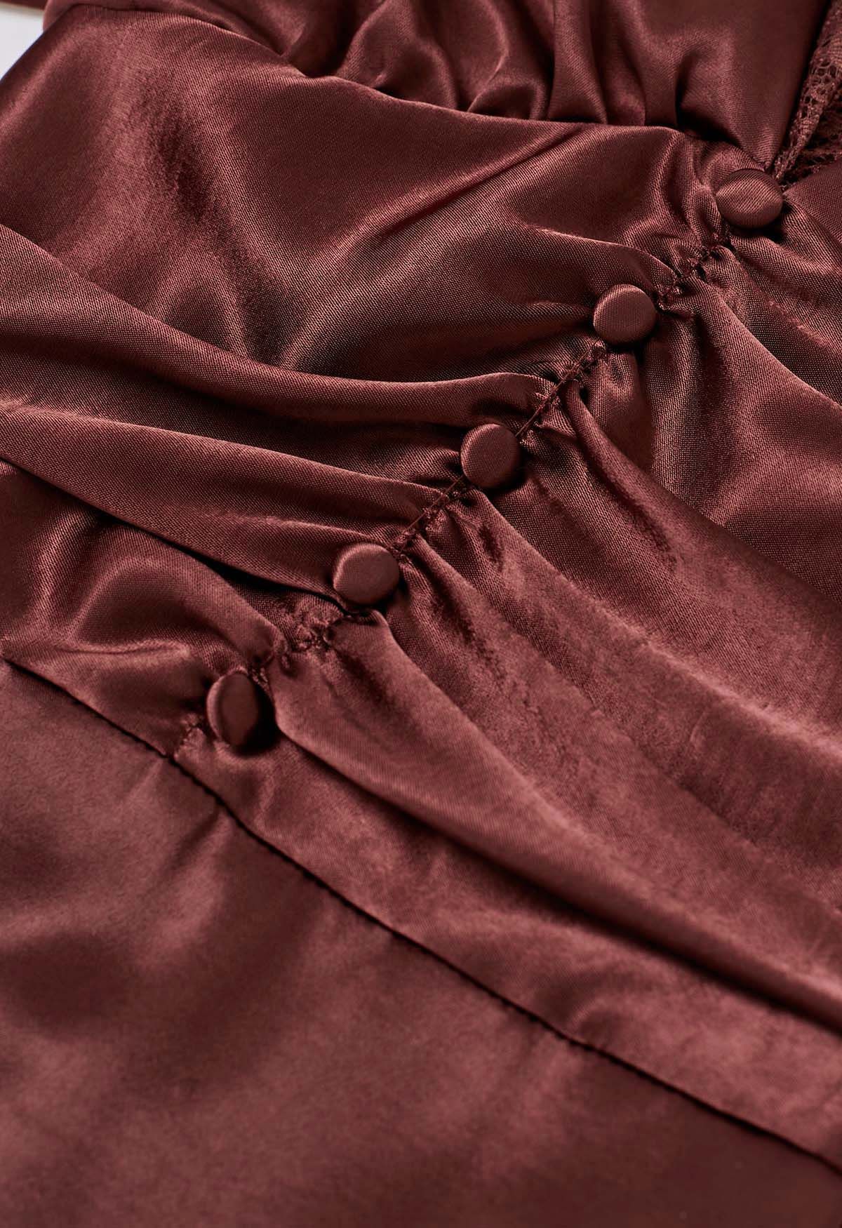 Lace Trim Ruched High Waist Satin Midi Dress in Burgundy