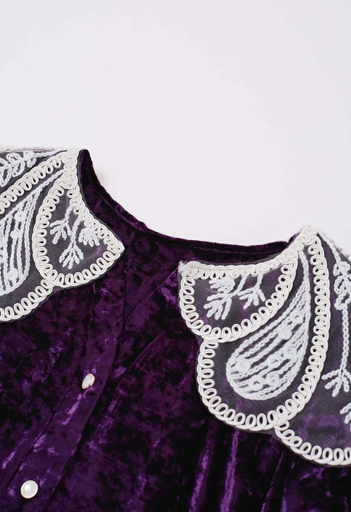 Lace Doll Collar Velvet Midi Dress in Purple