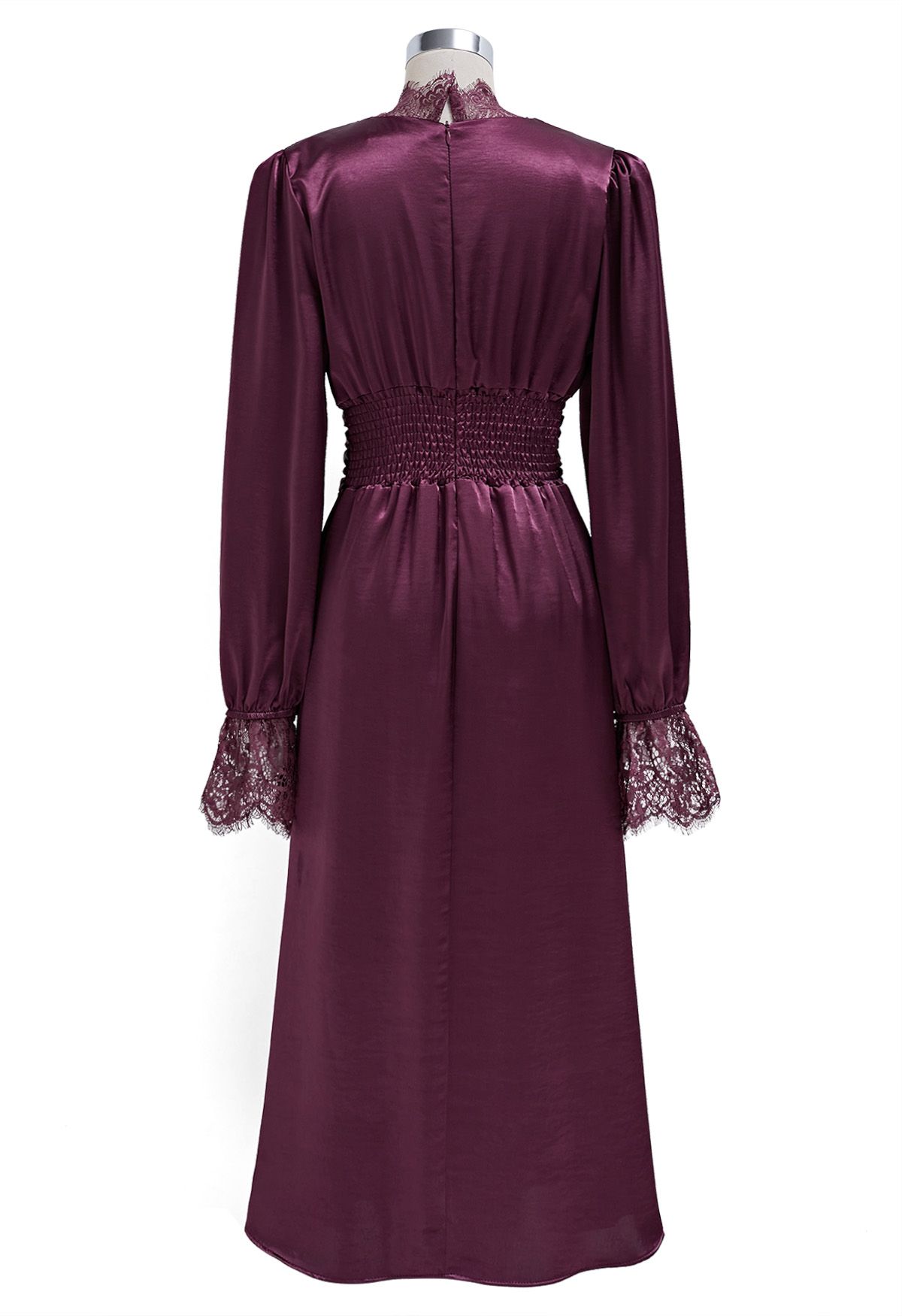 Lace Trim Ruched High Waist Satin Midi Dress in Plum