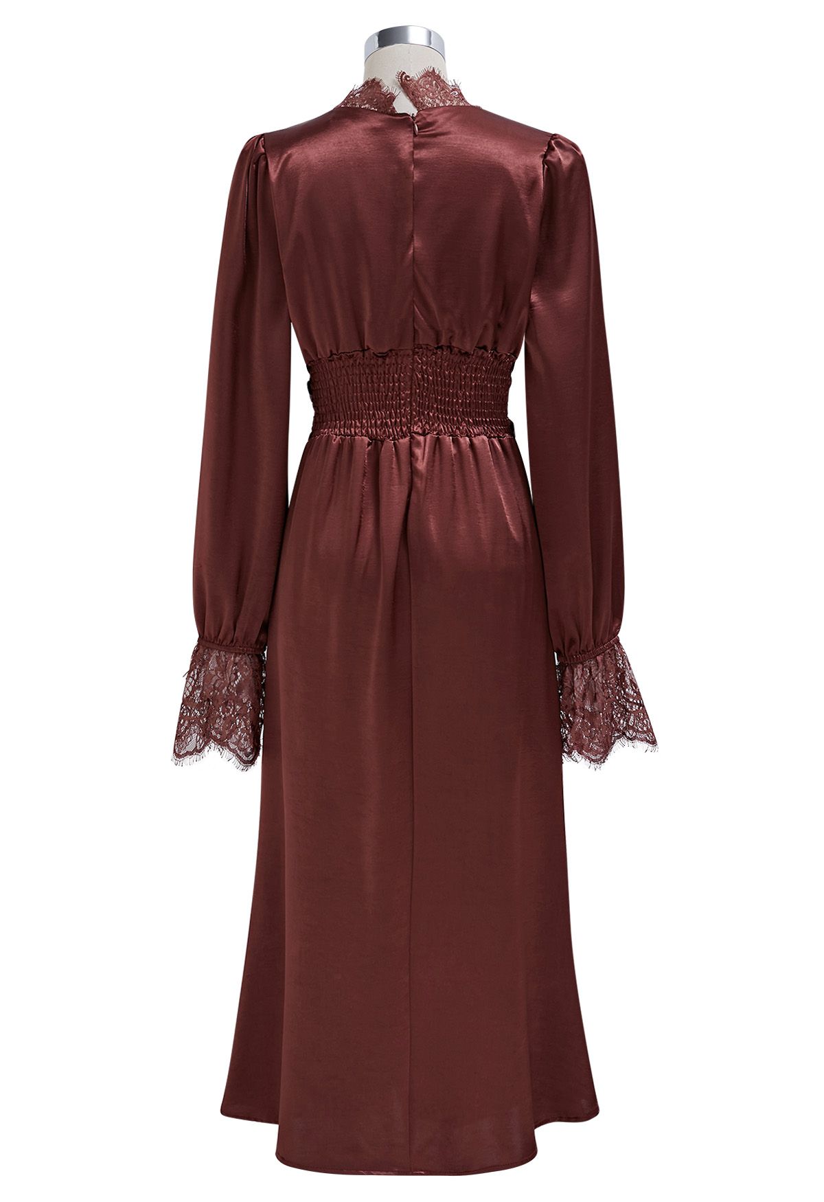 Lace Trim Ruched High Waist Satin Midi Dress in Burgundy