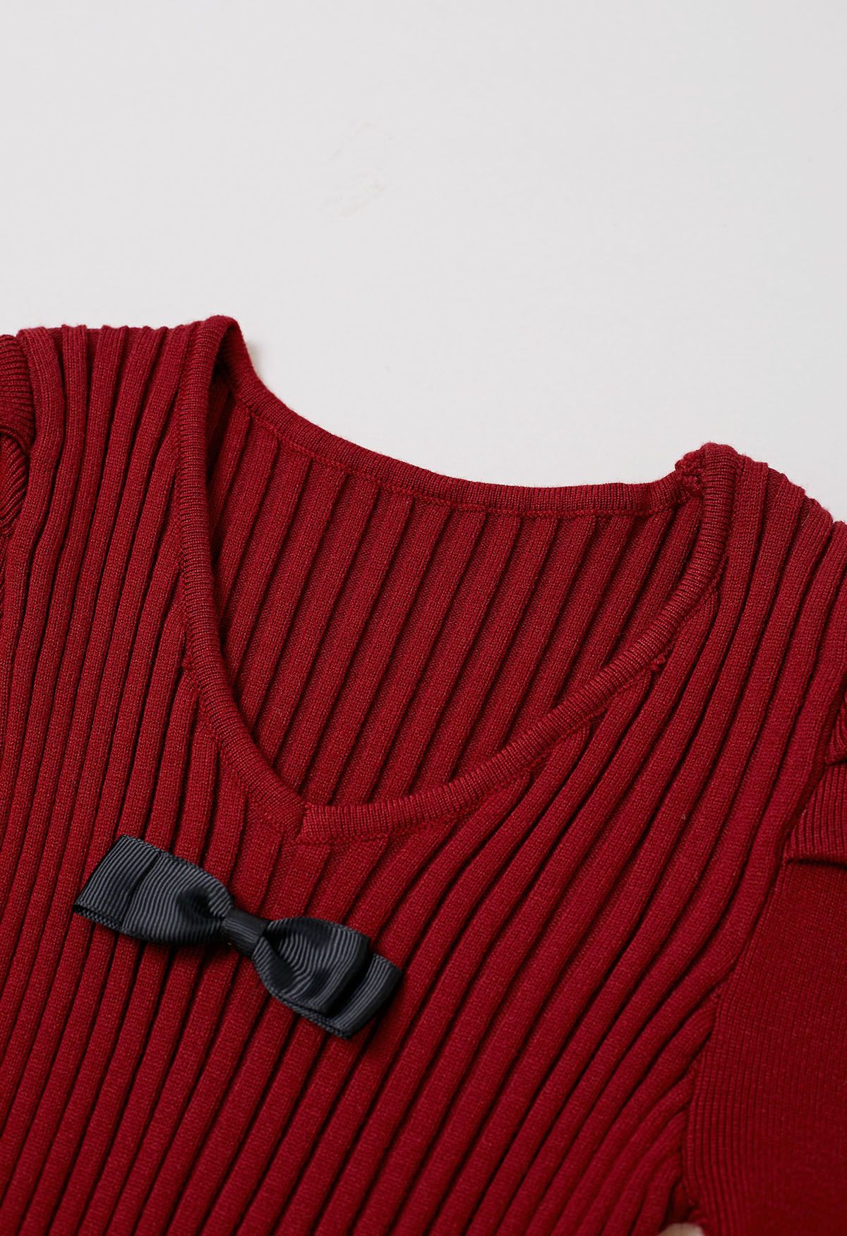 Delicate Bow Puff Sleeve Pleated Knit Mini Dress in Red