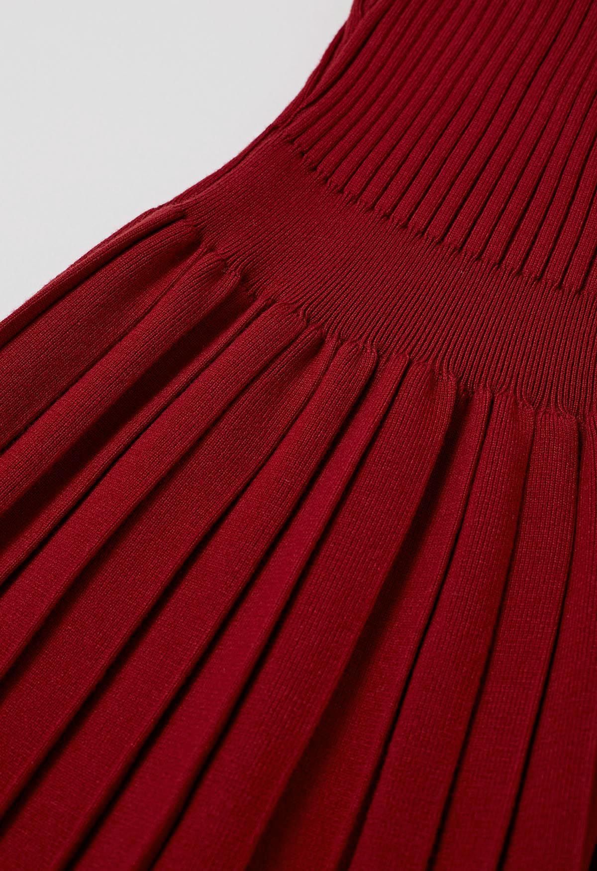 Delicate Bow Puff Sleeve Pleated Knit Mini Dress in Red