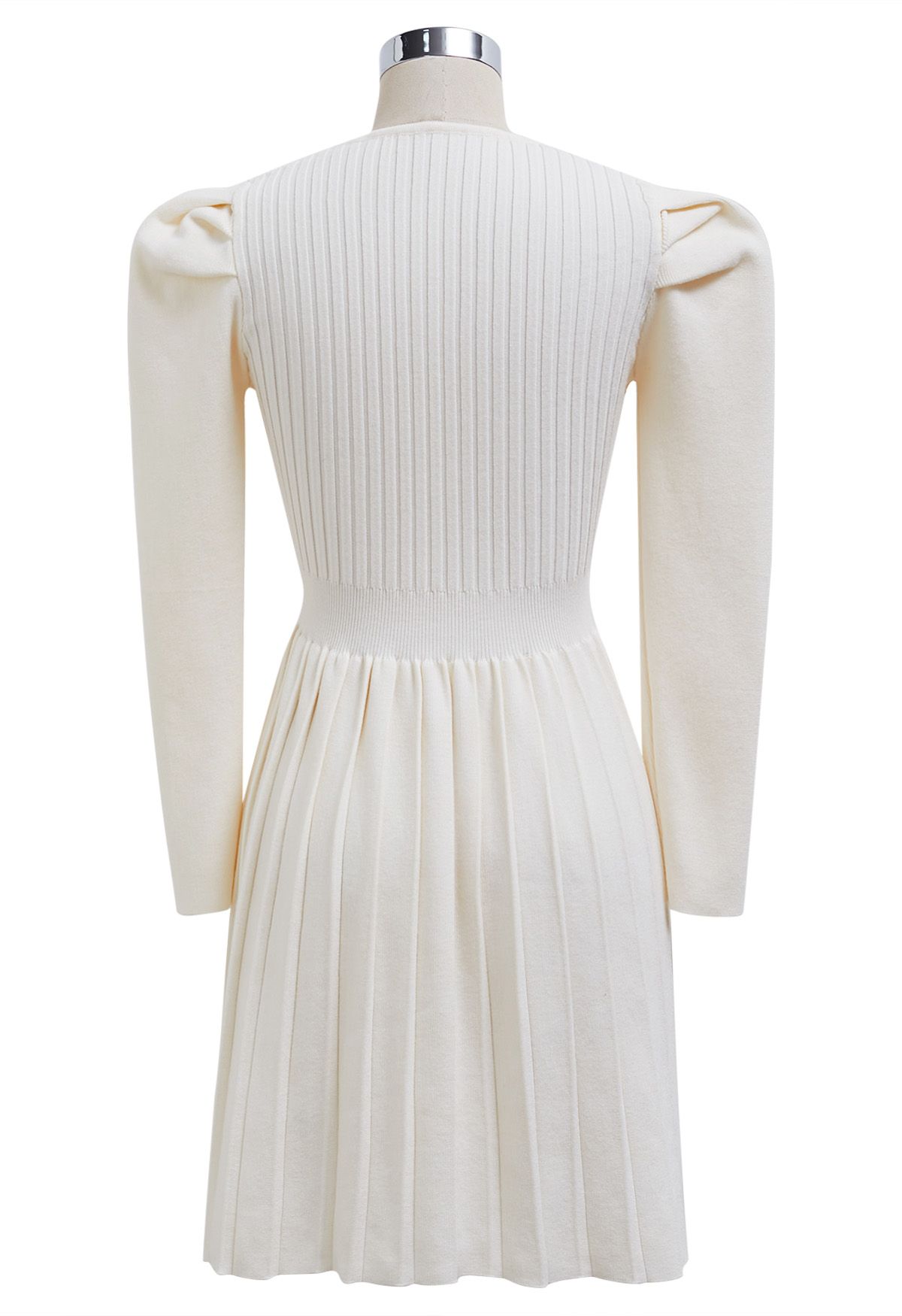 Delicate Bow Puff Sleeve Pleated Knit Mini Dress in Cream