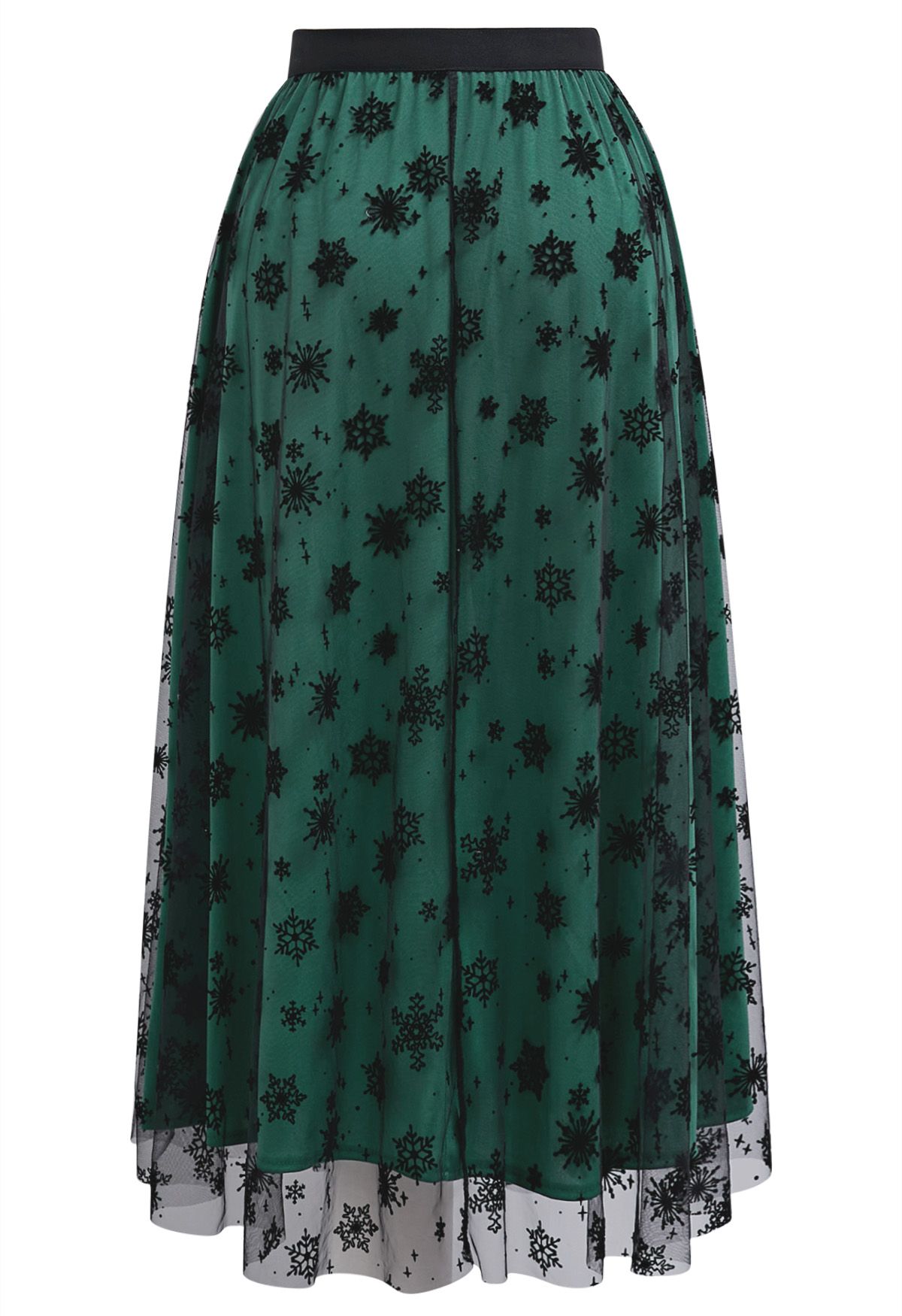 Falling Snowflake Mesh Tulle Midi Skirt in Dark Green