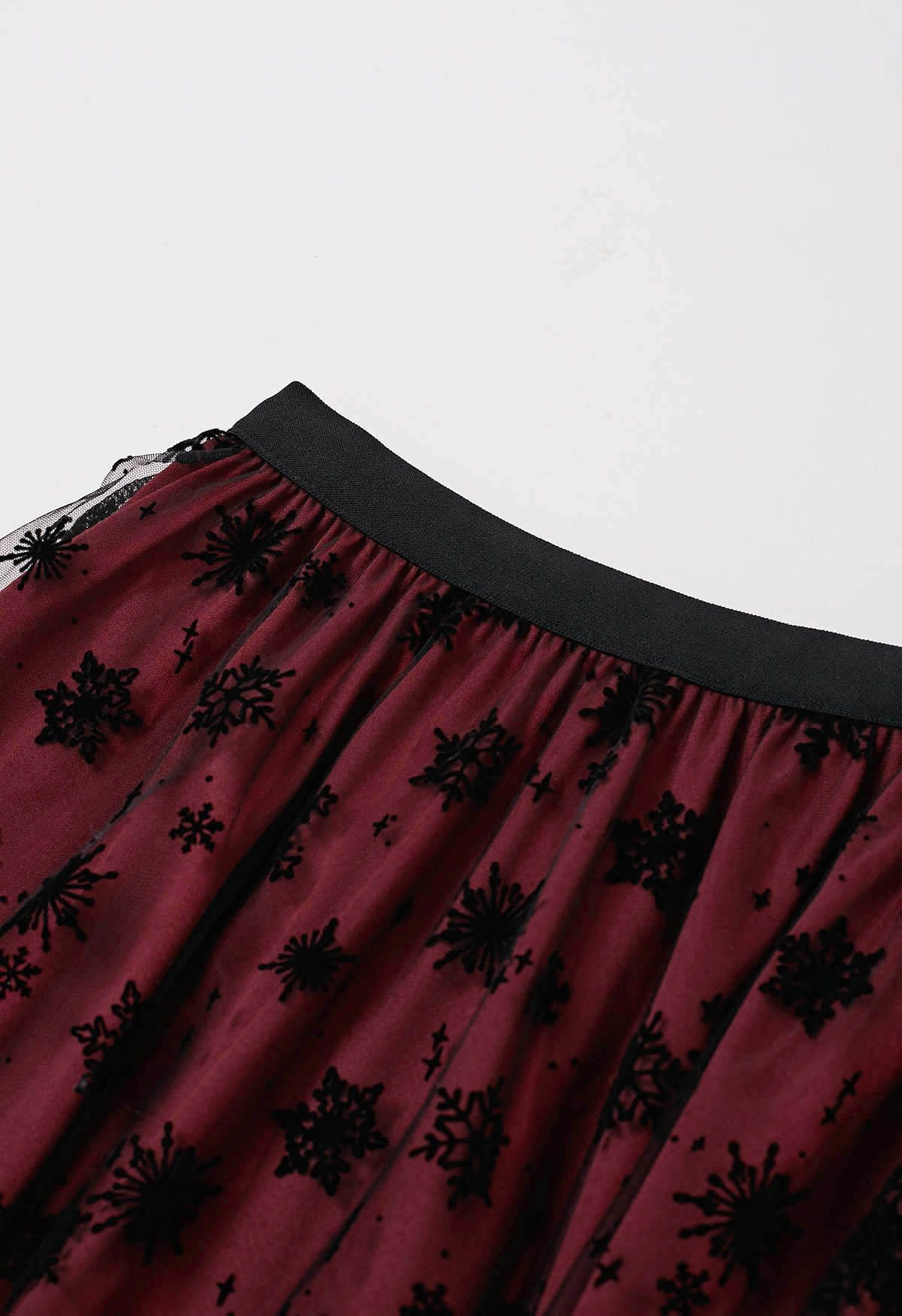 Falling Snowflake Mesh Tulle Midi Skirt in Burgundy