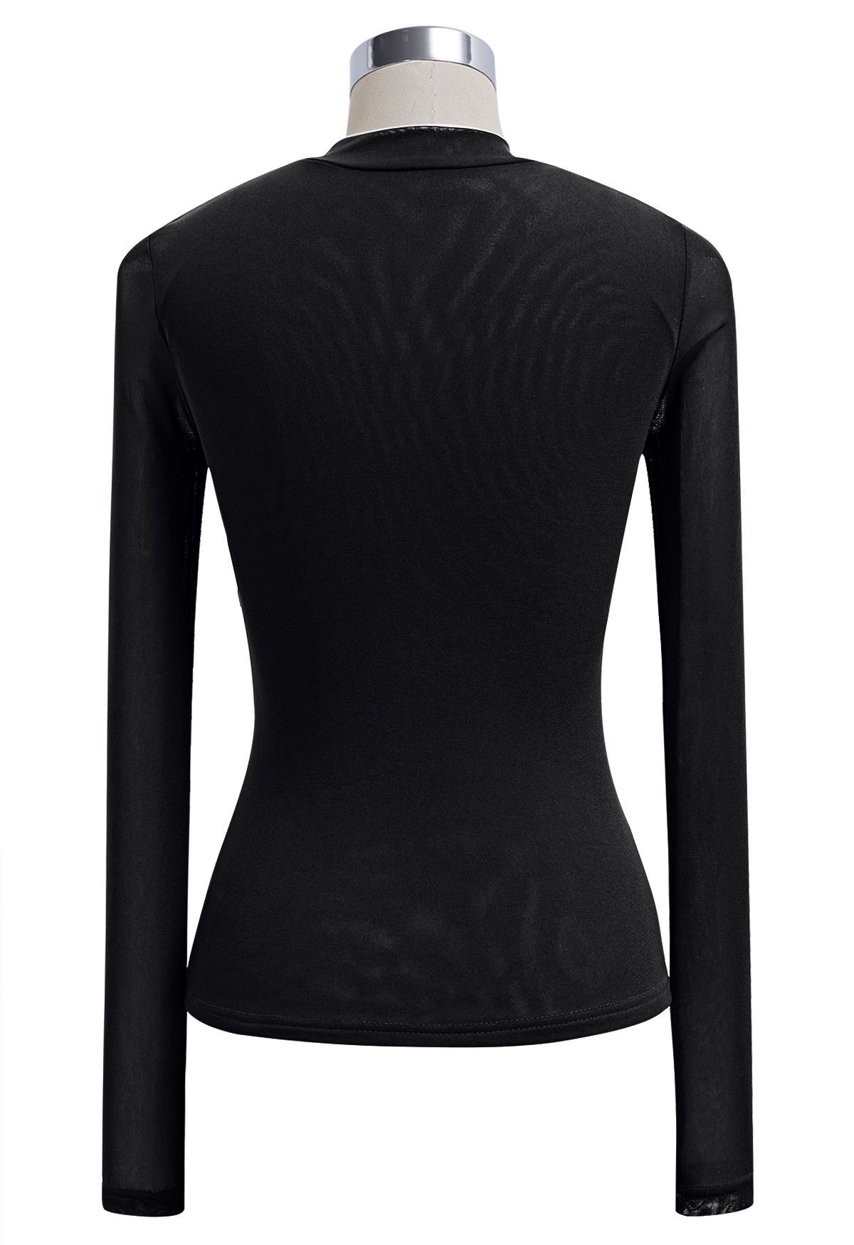 Twist Front Double-Layered Mesh Mock Neck Top in Black