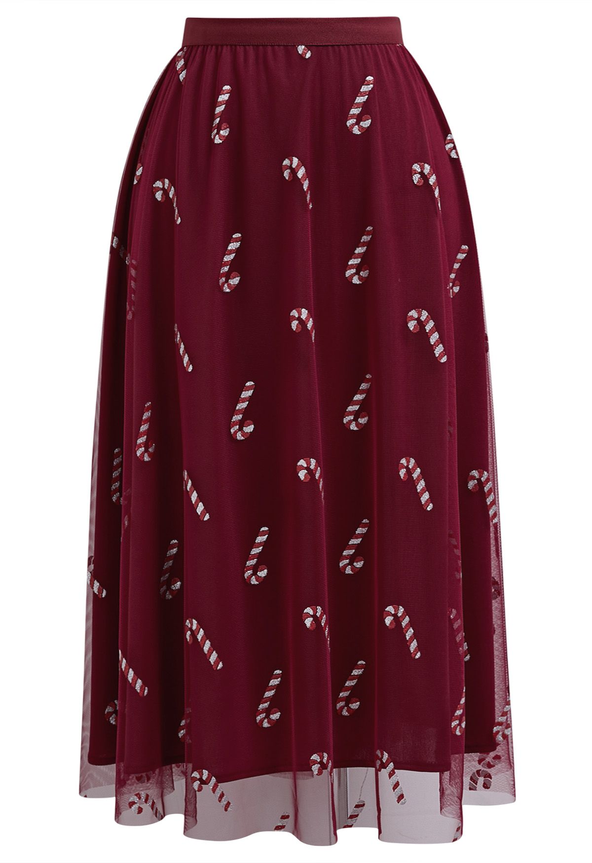 Shimmer Candy Cane Mesh Tulle Midi Skirt in Burgundy