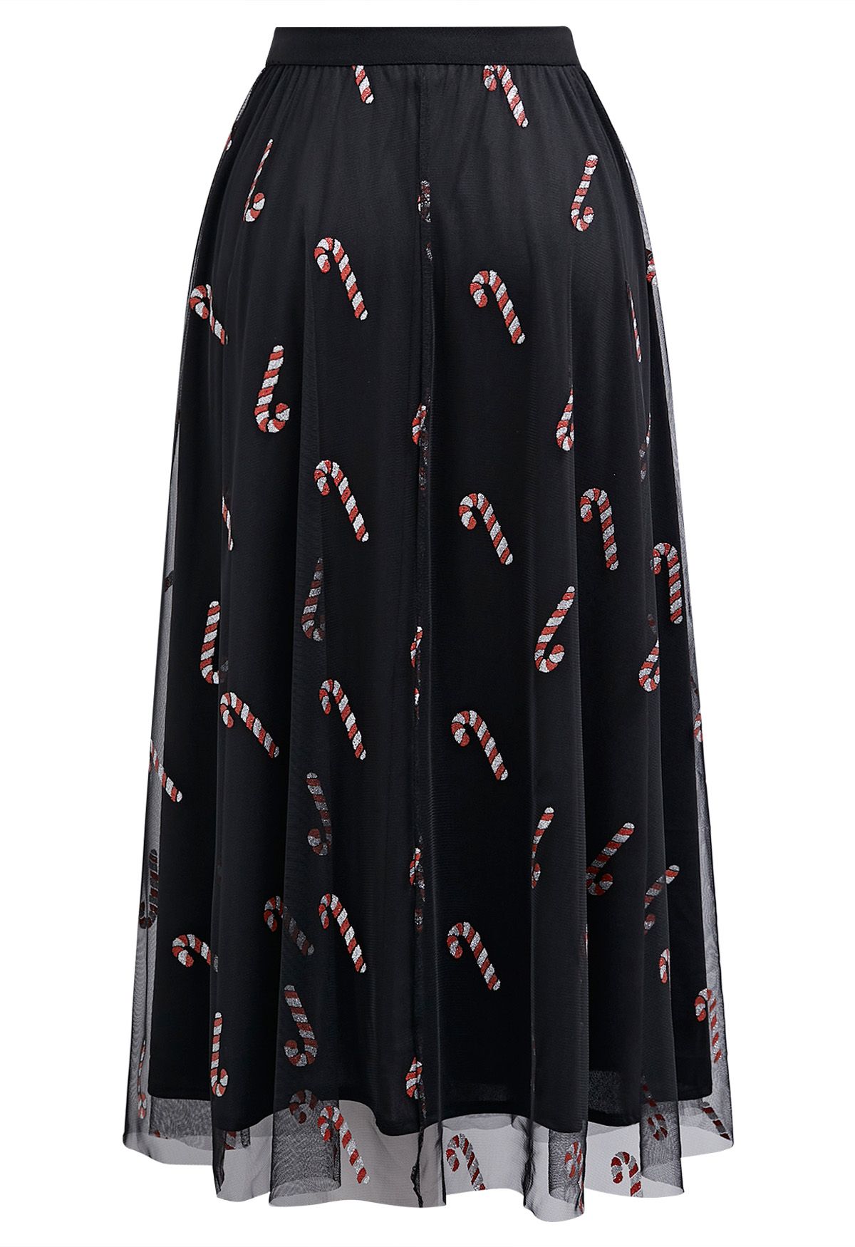 Shimmer Candy Cane Mesh Tulle Midi Skirt in Black