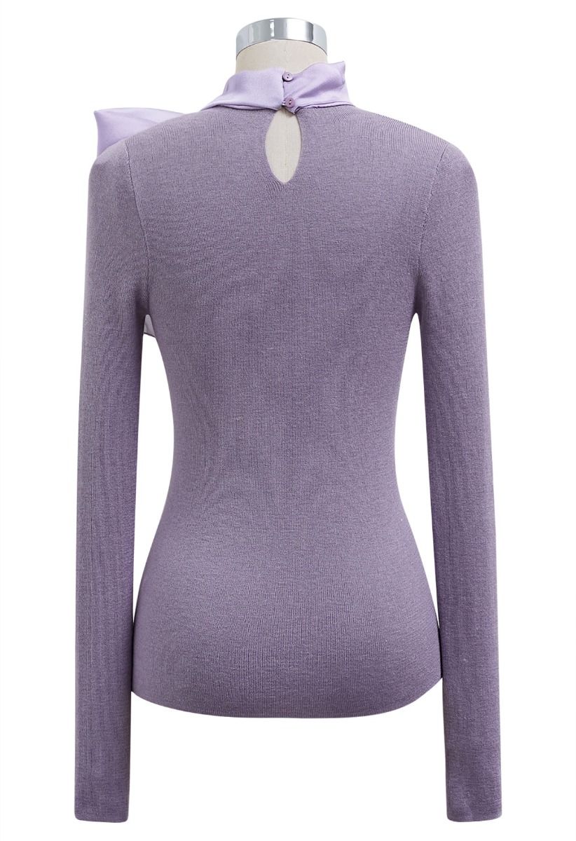 Organza Bowknot Neckline Knit Top in Lilac