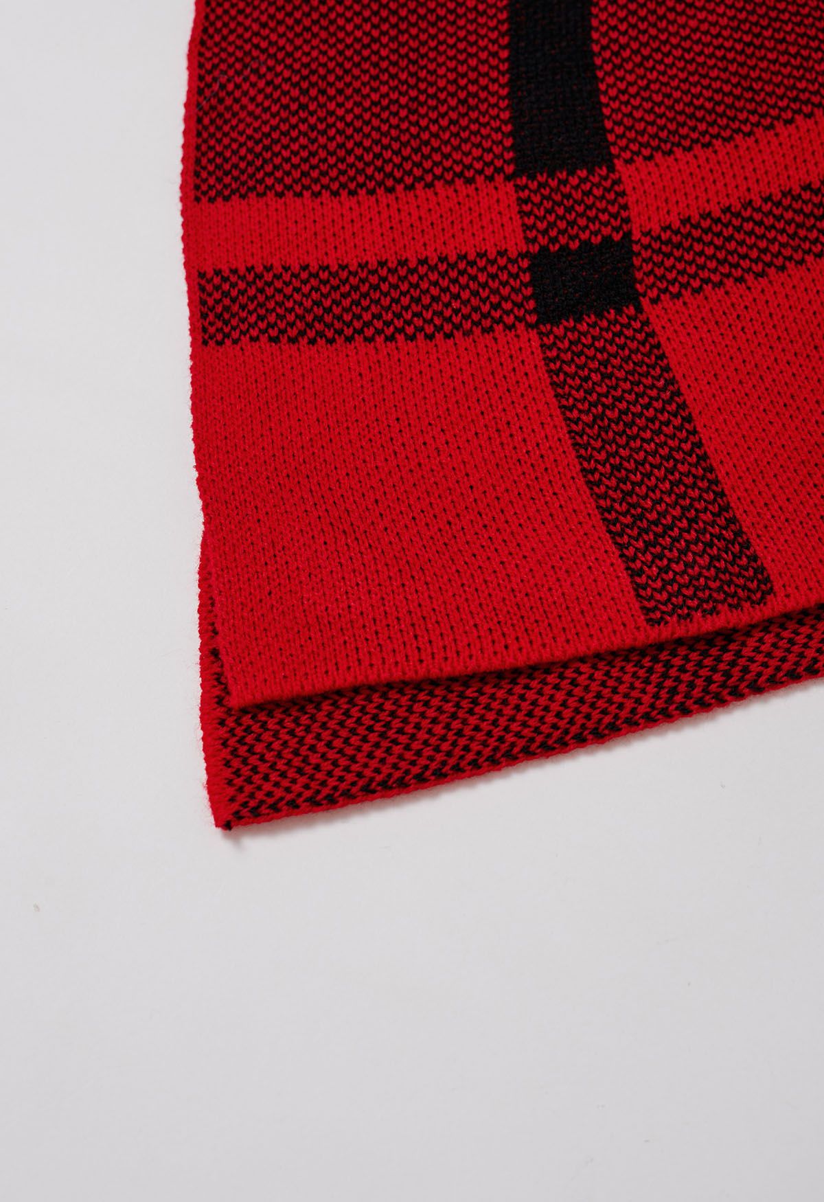 Festive Plaid Turtleneck Knit Poncho in Red