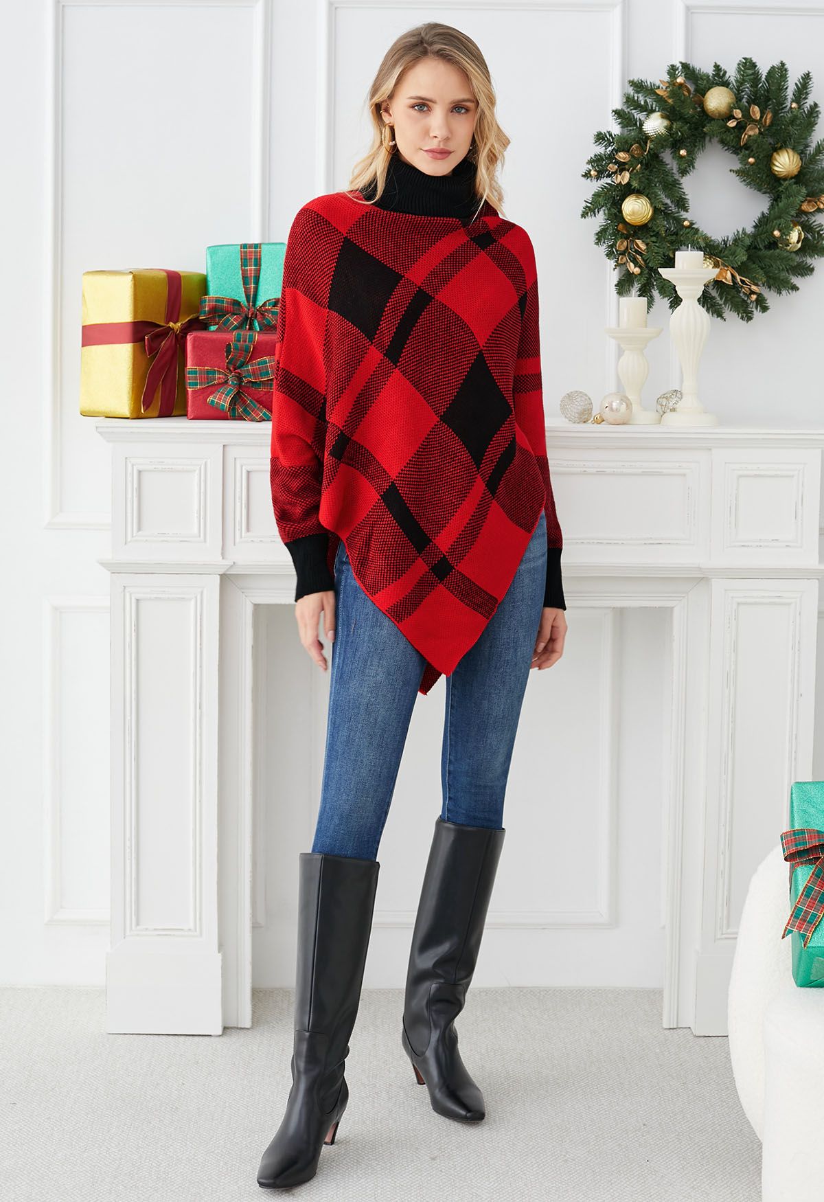 Festive Plaid Turtleneck Knit Poncho in Red