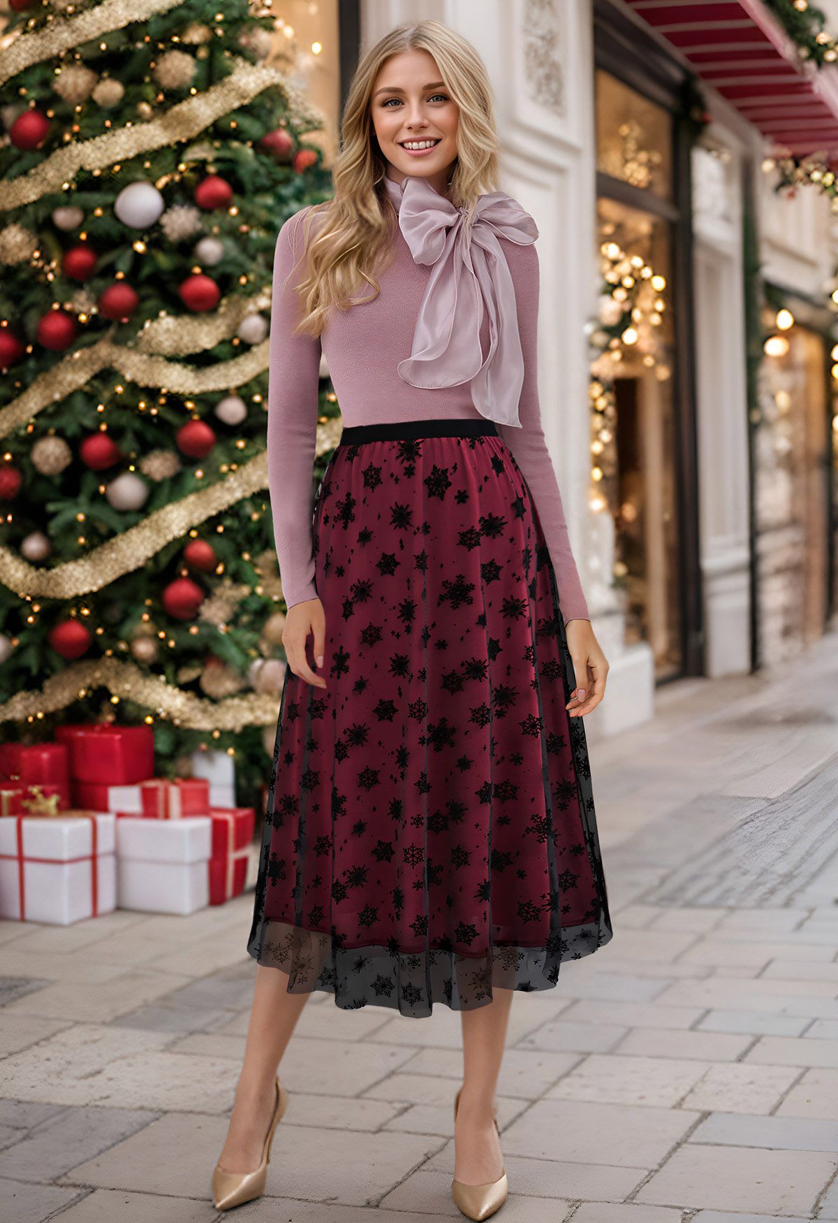 Falling Snowflake Mesh Tulle Midi Skirt in Burgundy