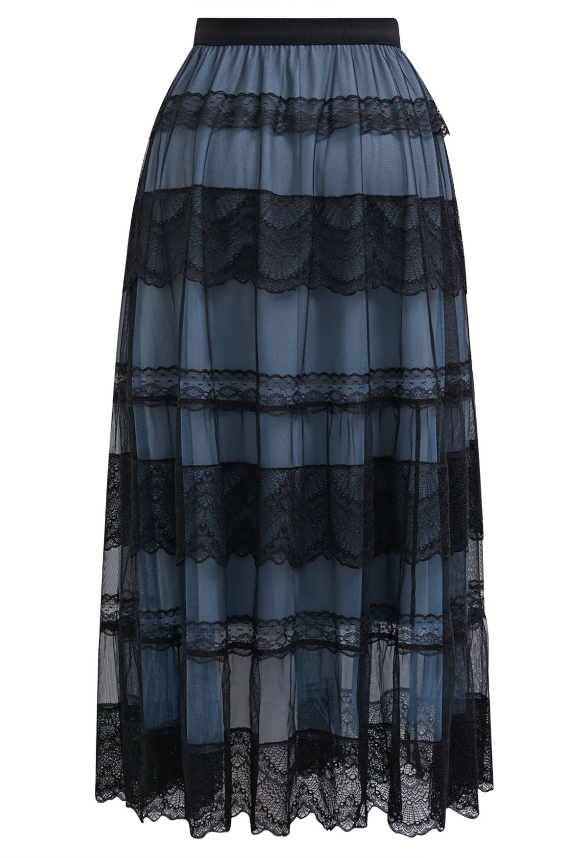 Mysterious Lace Tiered Mesh Tulle Midi Skirt in Dusty Blue