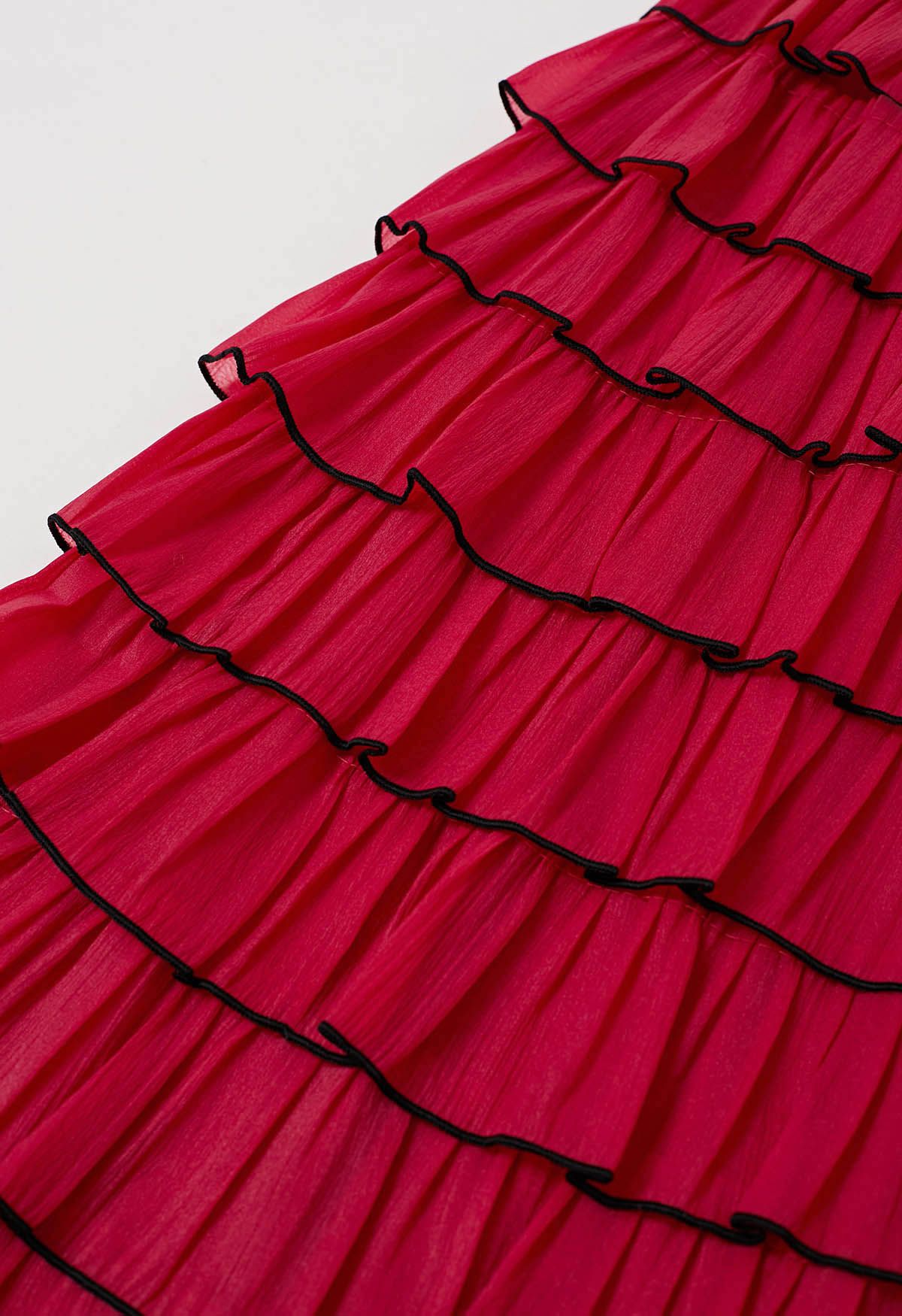 Contrasting Edges Tiered Ruffle Maxi Skirt in Red