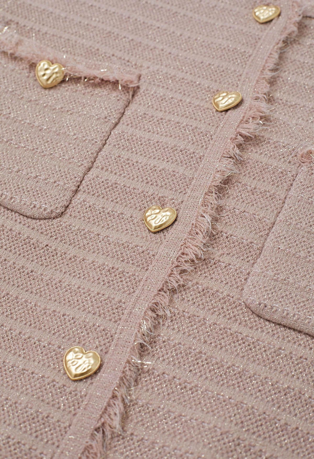 Tassel Edge Metallic Mix Knit Cardigan in Light Pink