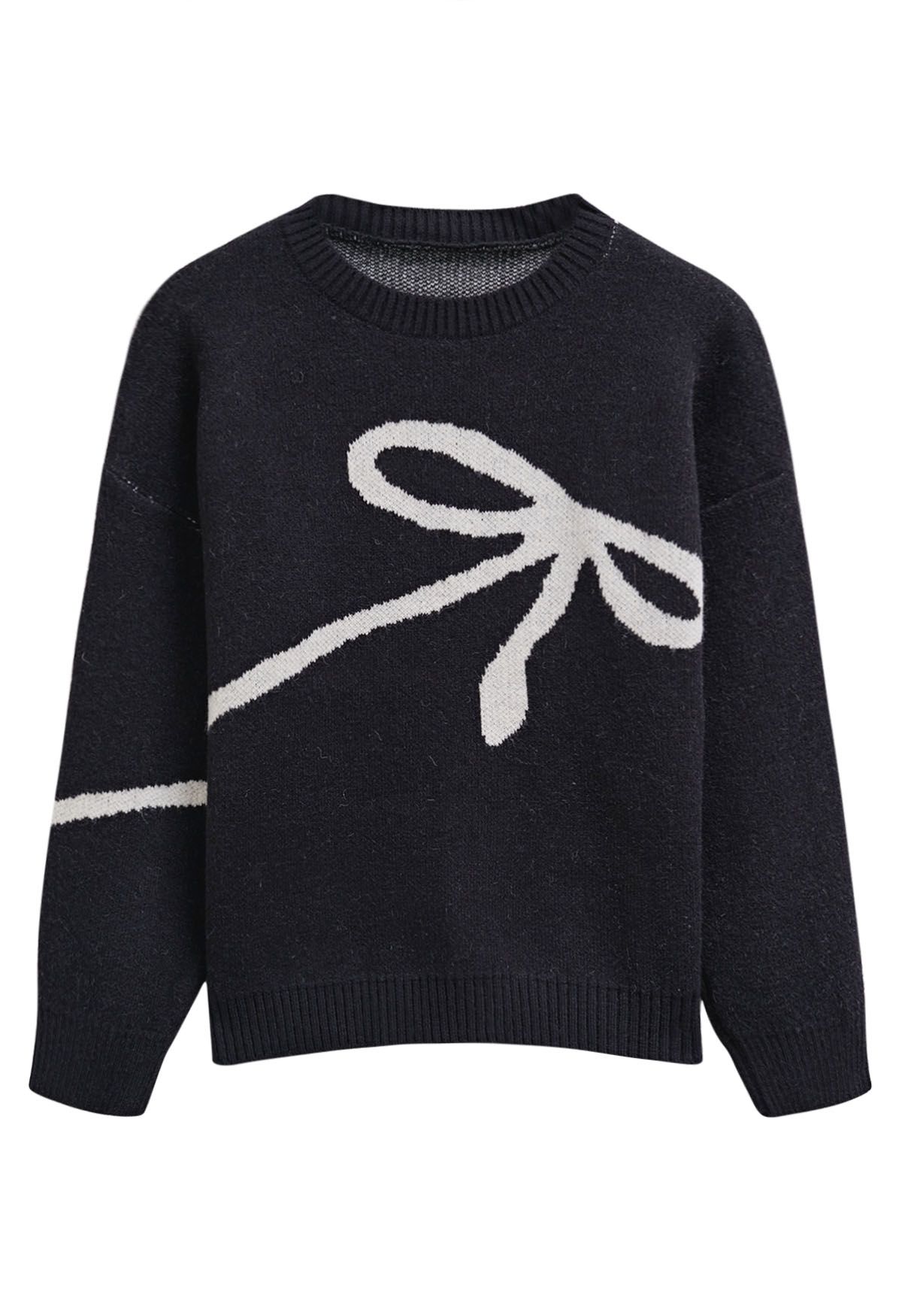 Contrast Color Boucle Bow Knit Sweater in Black