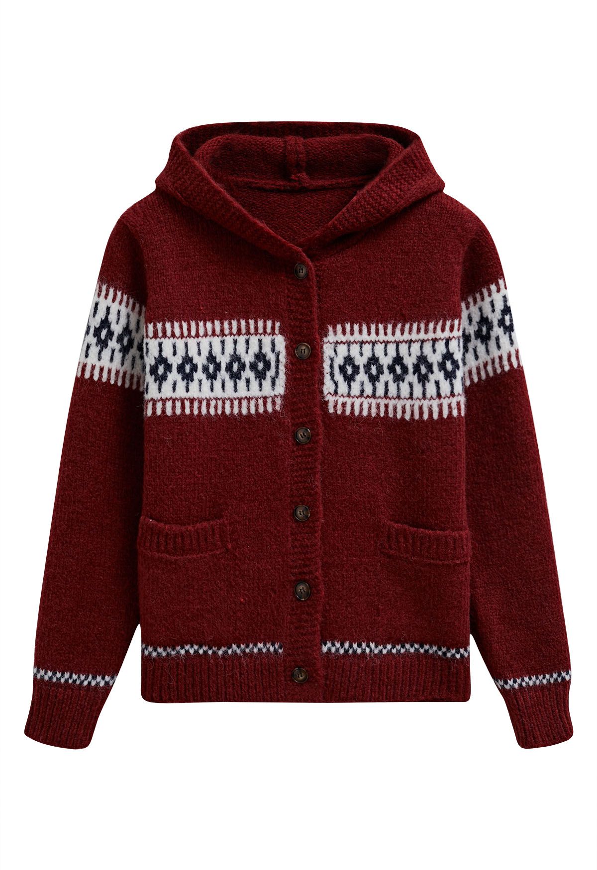 Contrast Fair Isle Buttoned Hooded Knit Cardigan in Red