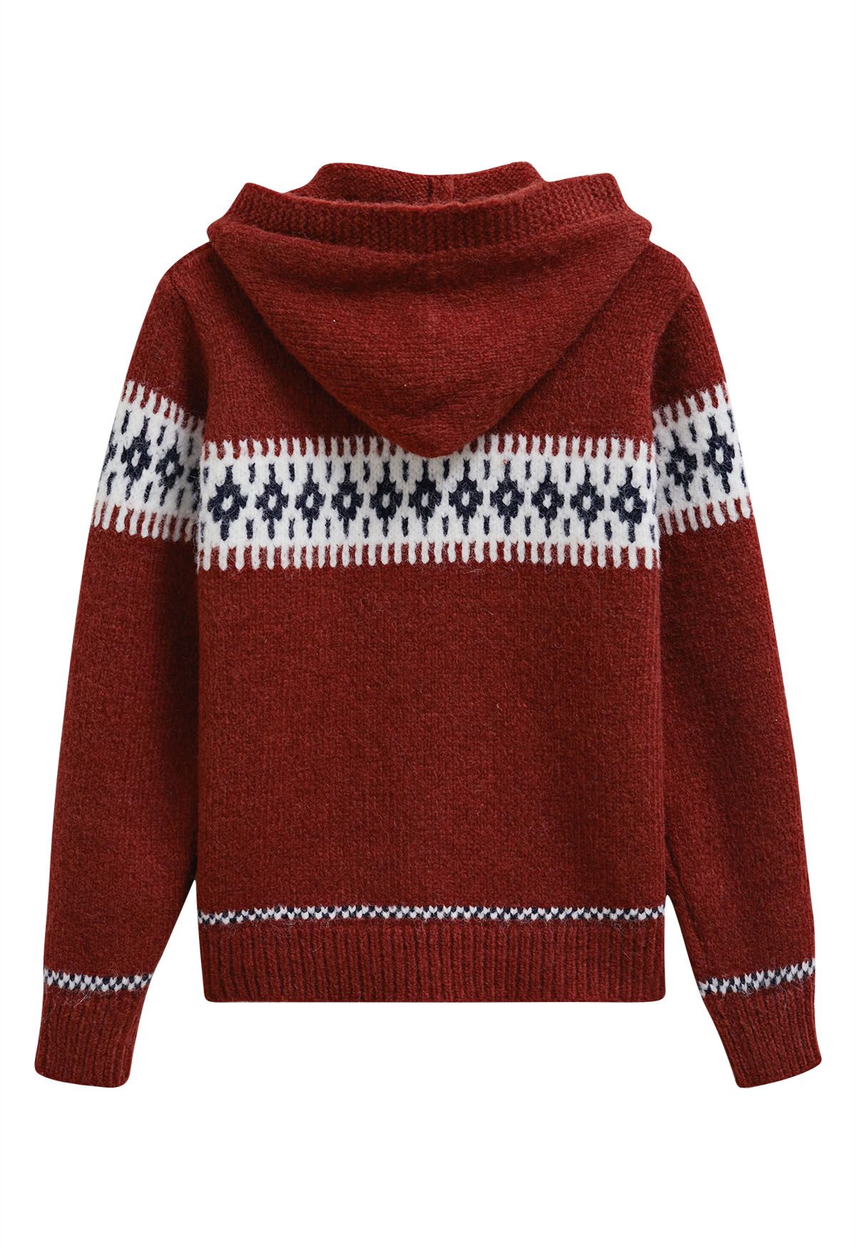 Contrast Fair Isle Buttoned Hooded Knit Cardigan in Red