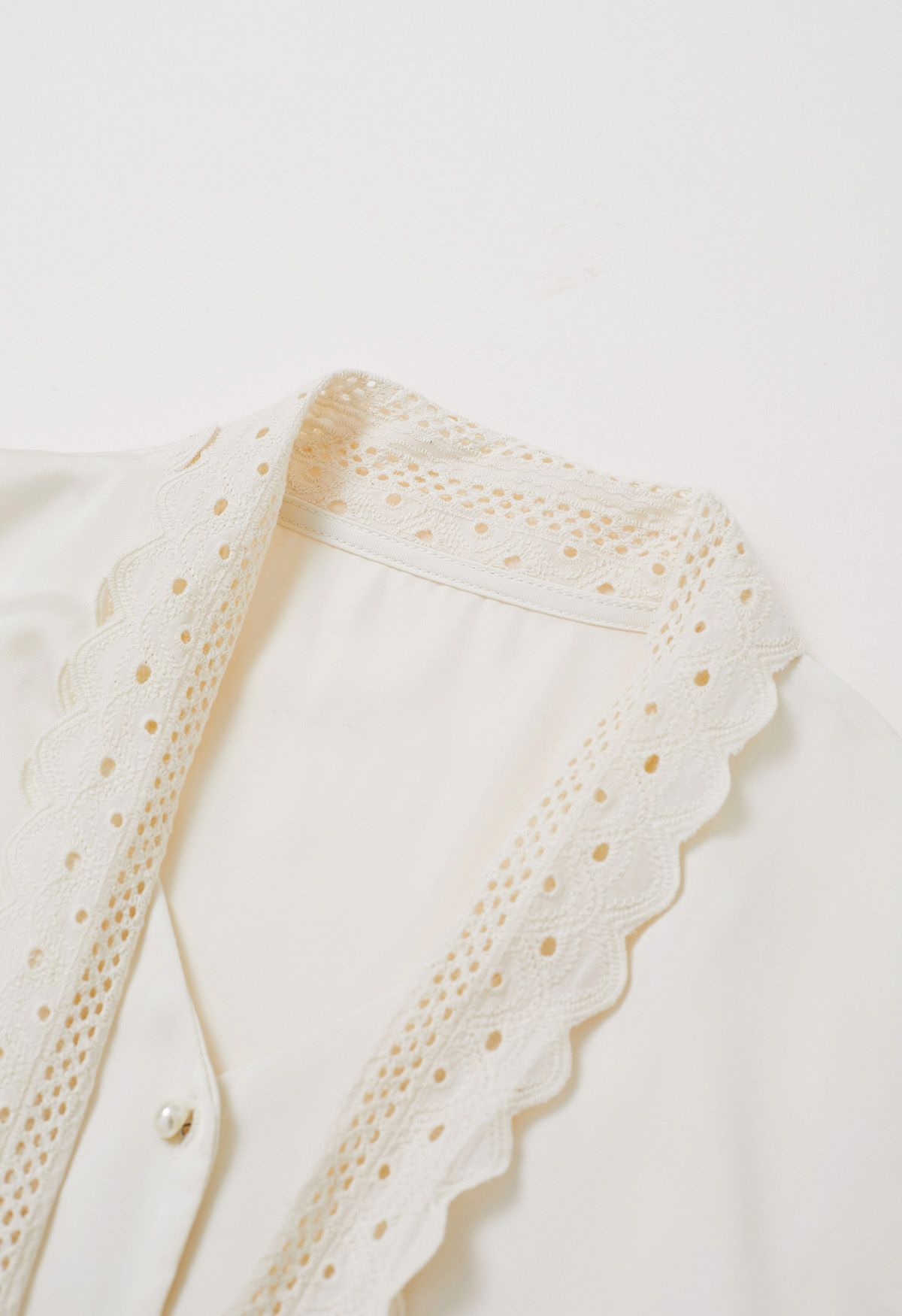 Sophisticated Eyelet Trim Bowknot Satin Shirt