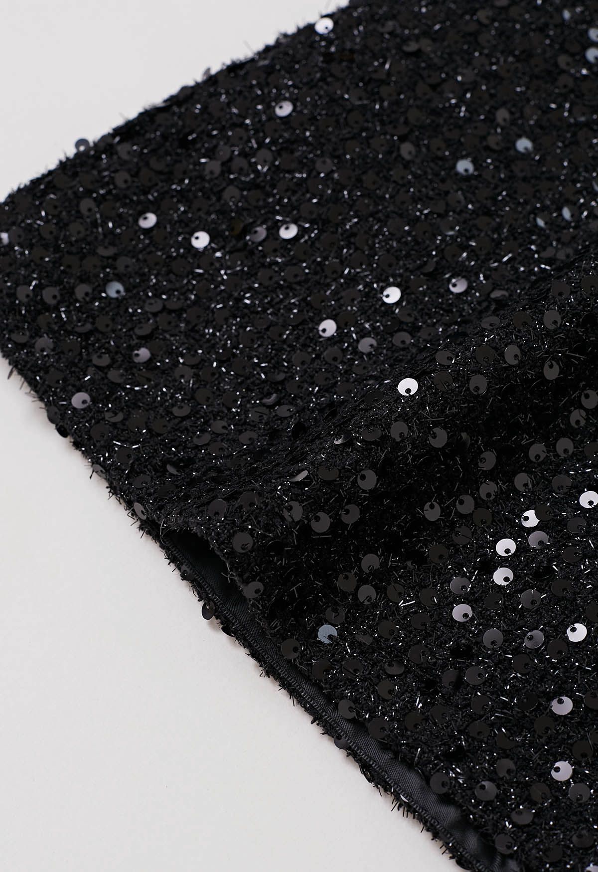 Black Sequin Embellishment Tweed Mini Skirt