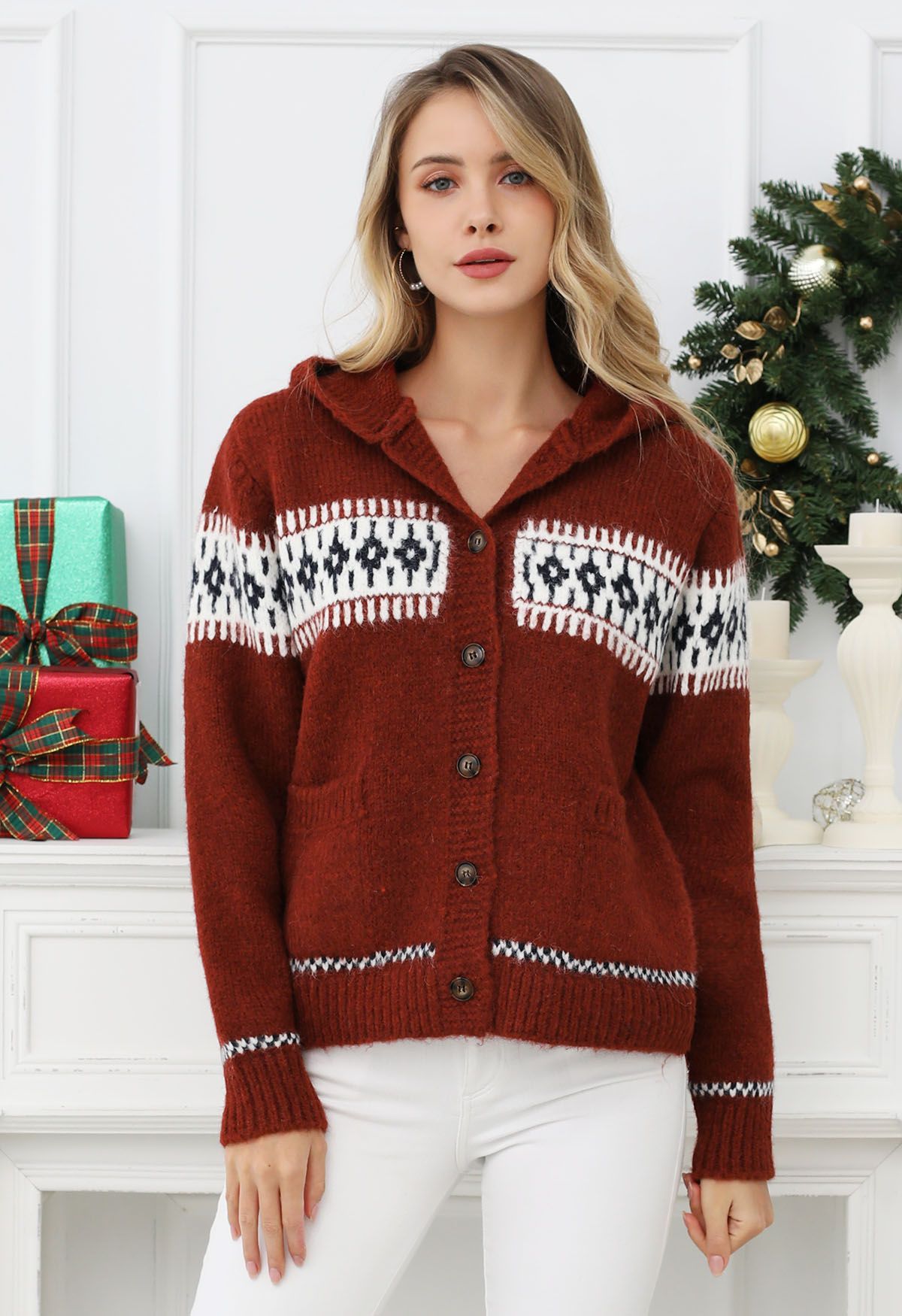 Contrast Fair Isle Buttoned Hooded Knit Cardigan in Red