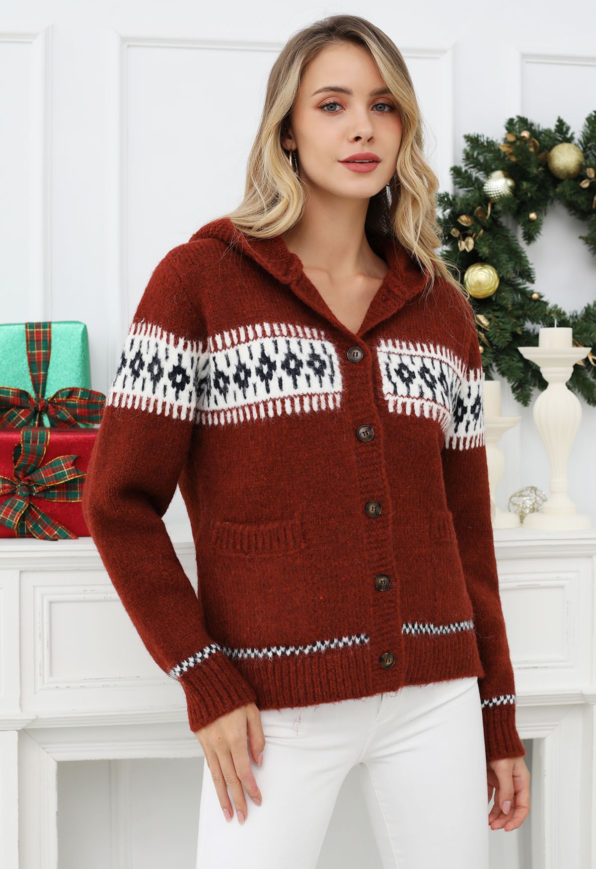 Contrast Fair Isle Buttoned Hooded Knit Cardigan in Red