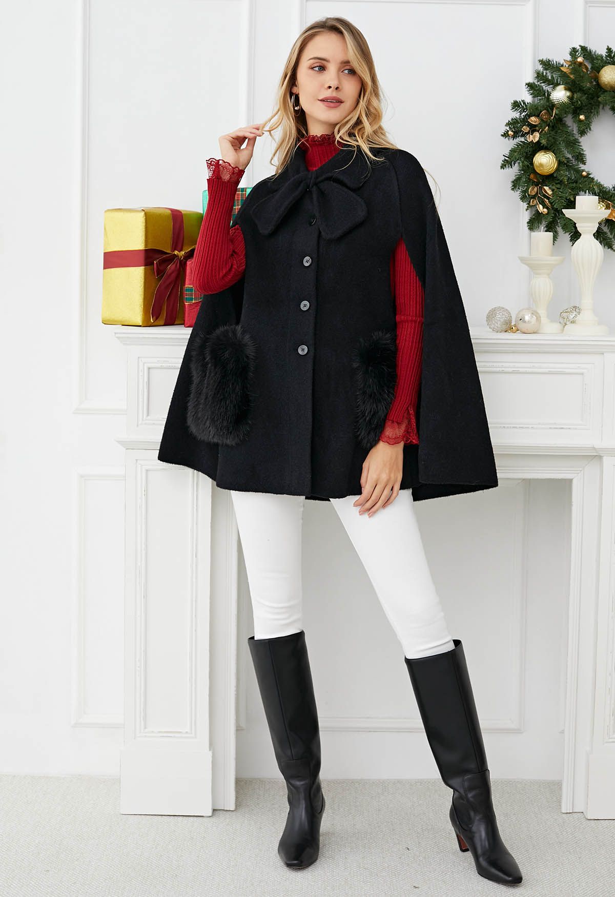 Bowknot Decor Faux Fur Pocket Buttoned Knit Cape Coat in Black