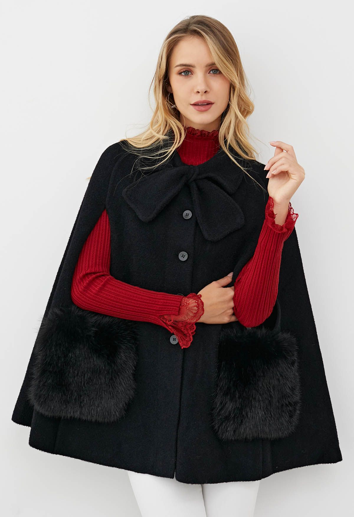 Bowknot Decor Faux Fur Pocket Buttoned Knit Cape Coat in Black