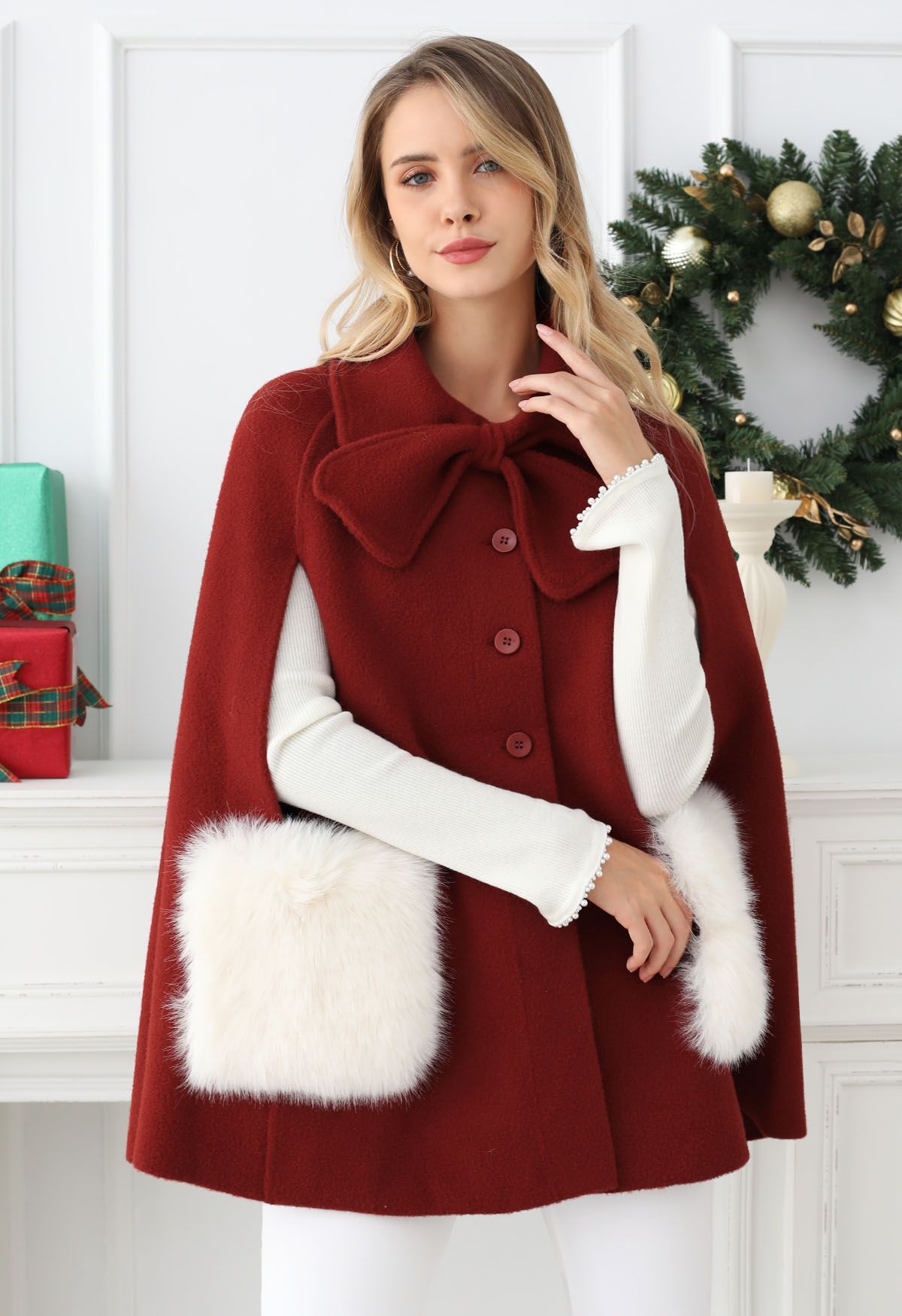 Bowknot Decor Faux Fur Pocket Buttoned Knit Cape Coat in Red