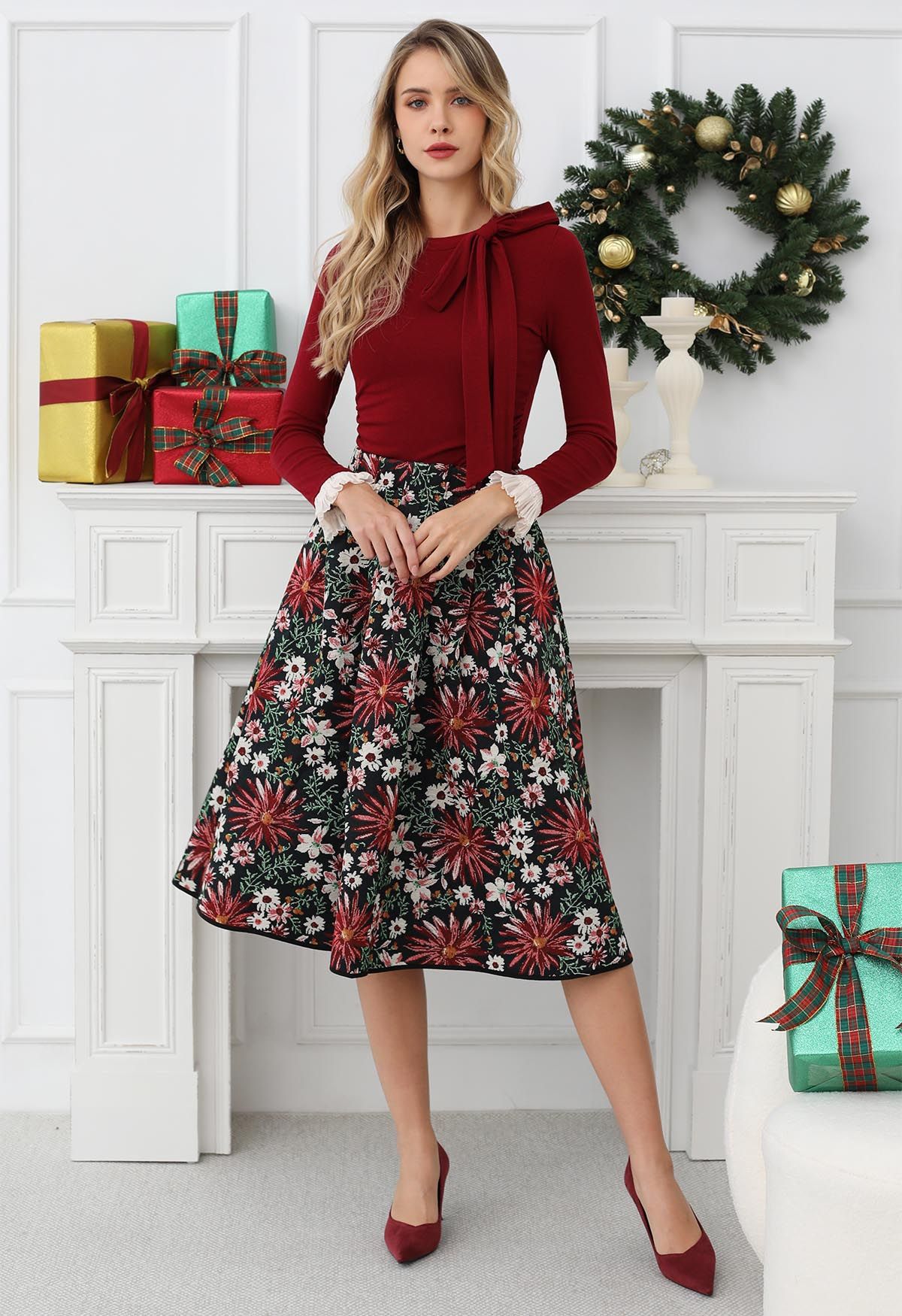 Side Bowknot Spliced Ruffle Cuff Top in Red