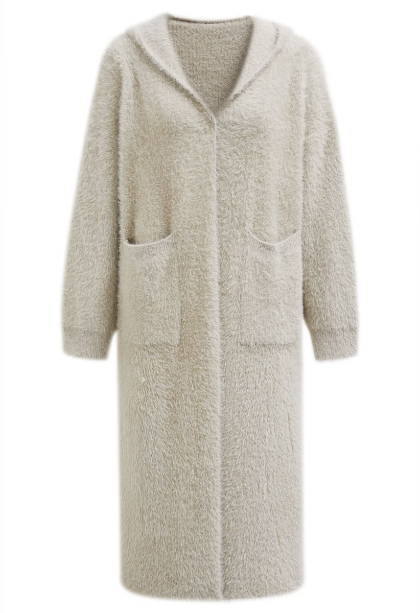 Fluffy Open Front Hooded Longline Knit Cardigan in Camel