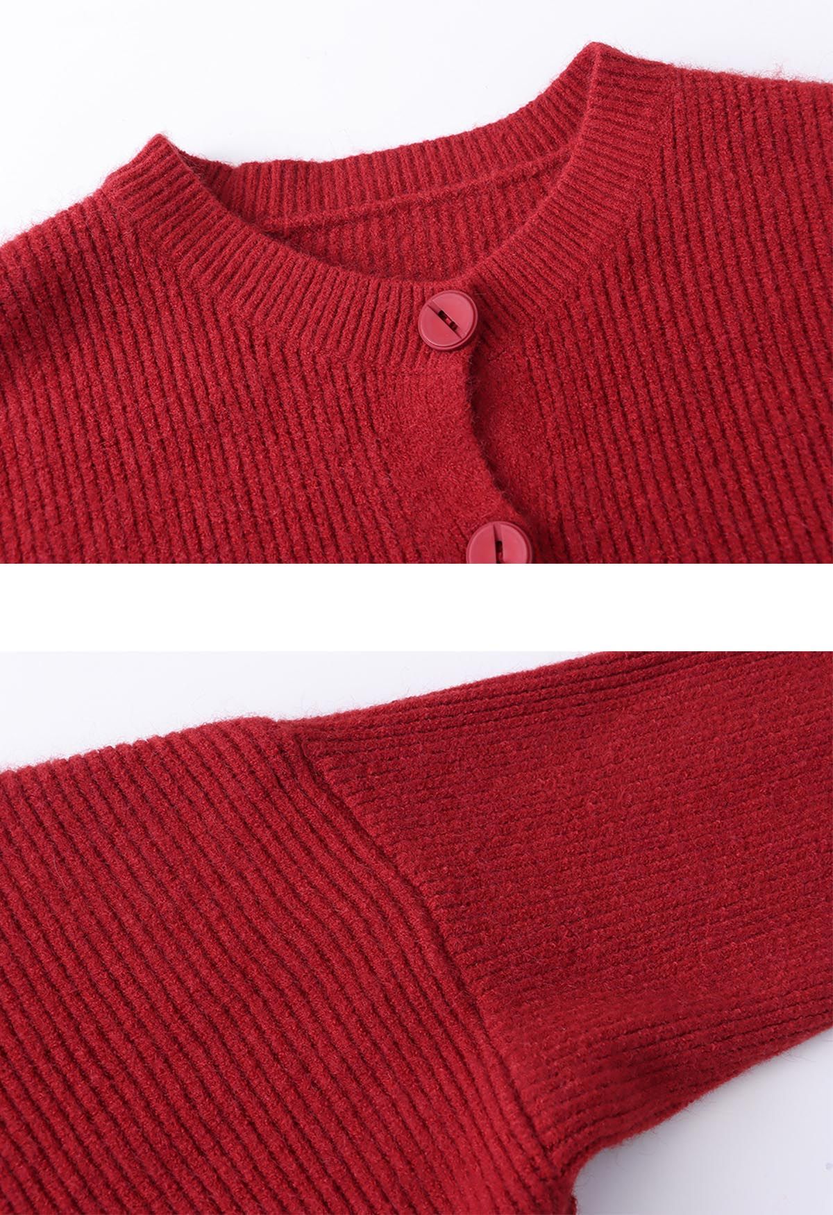 Delicate Softness Ribbed Buttoned Knit Cardigan in Red