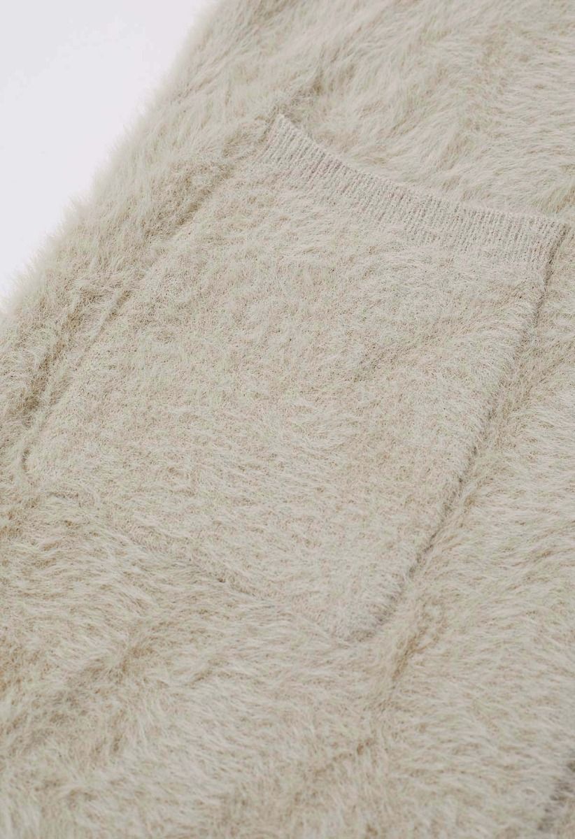 Fluffy Open Front Hooded Longline Knit Cardigan in Camel