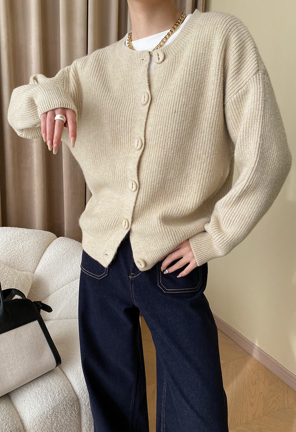 Delicate Softness Ribbed Buttoned Knit Cardigan in Camel