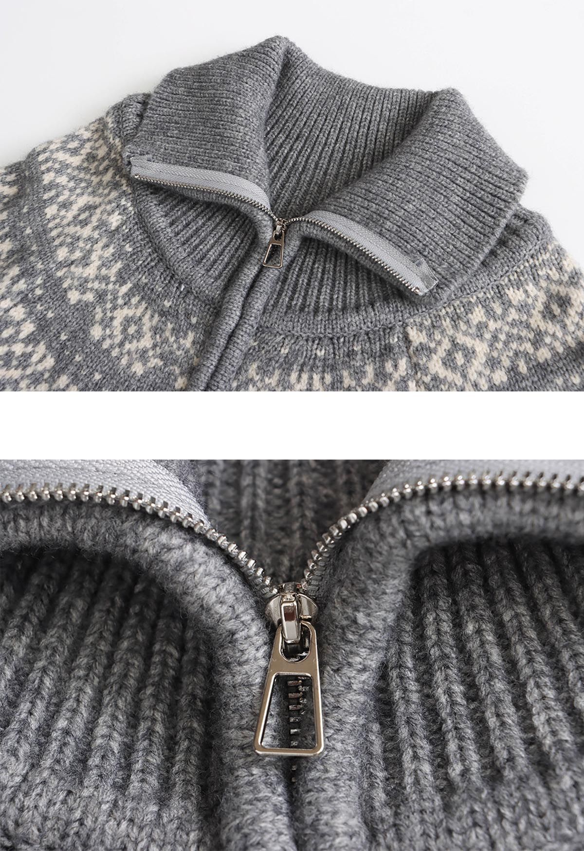 Double-Zip Fair Isle Jacquard Knit Cardigan in Grey