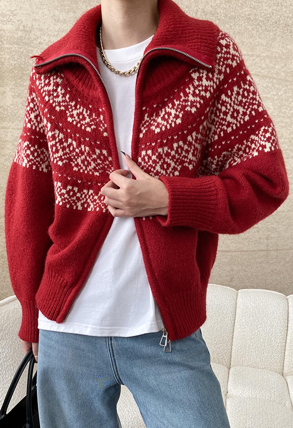 Double-Zip Fair Isle Jacquard Knit Cardigan in Red